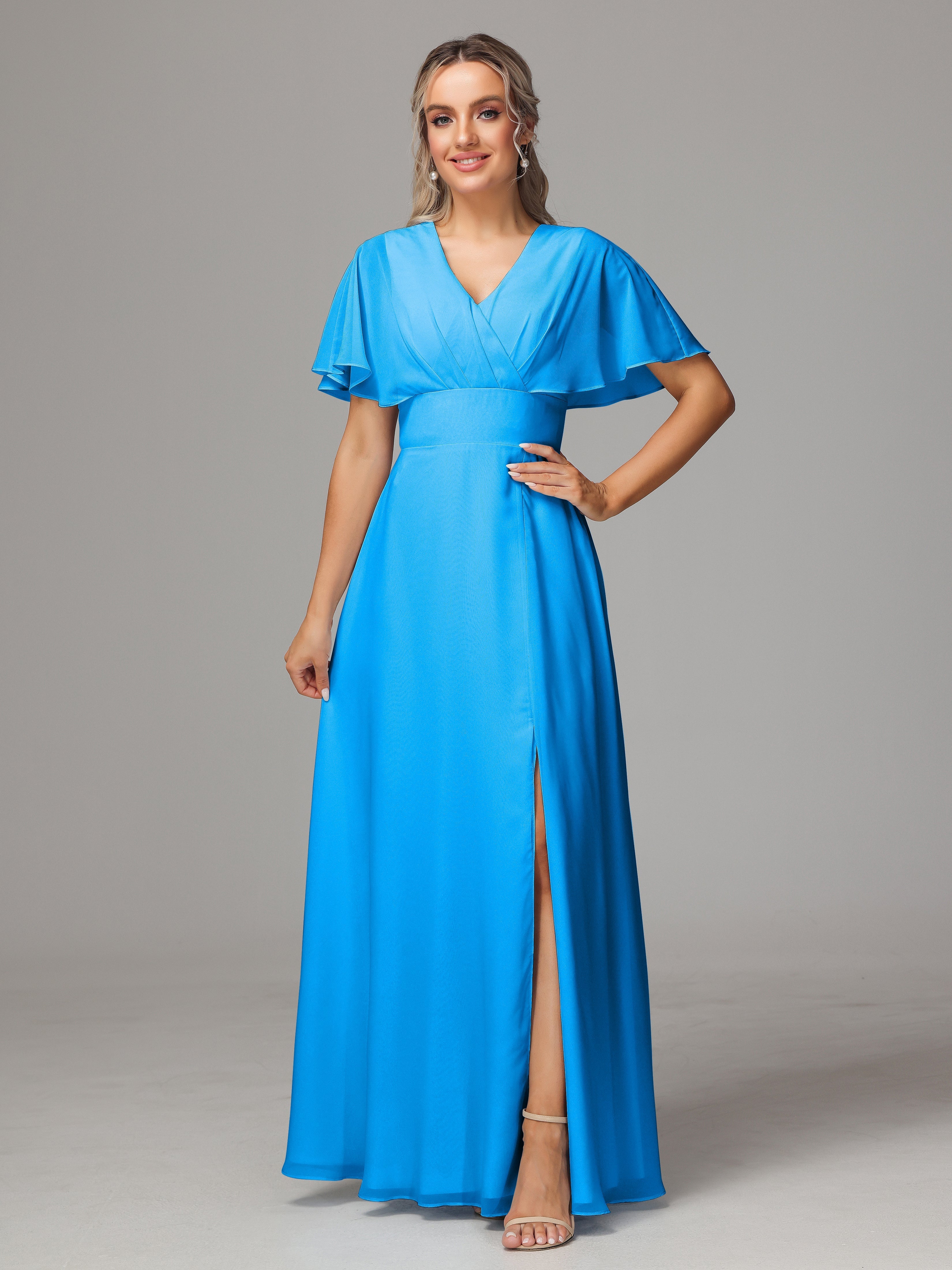 Robes De Demoiselle D'Honneur Bleu Océan Trapèze Col V Fendue Devant Mousseline Robe Demoiselle D'Honneur