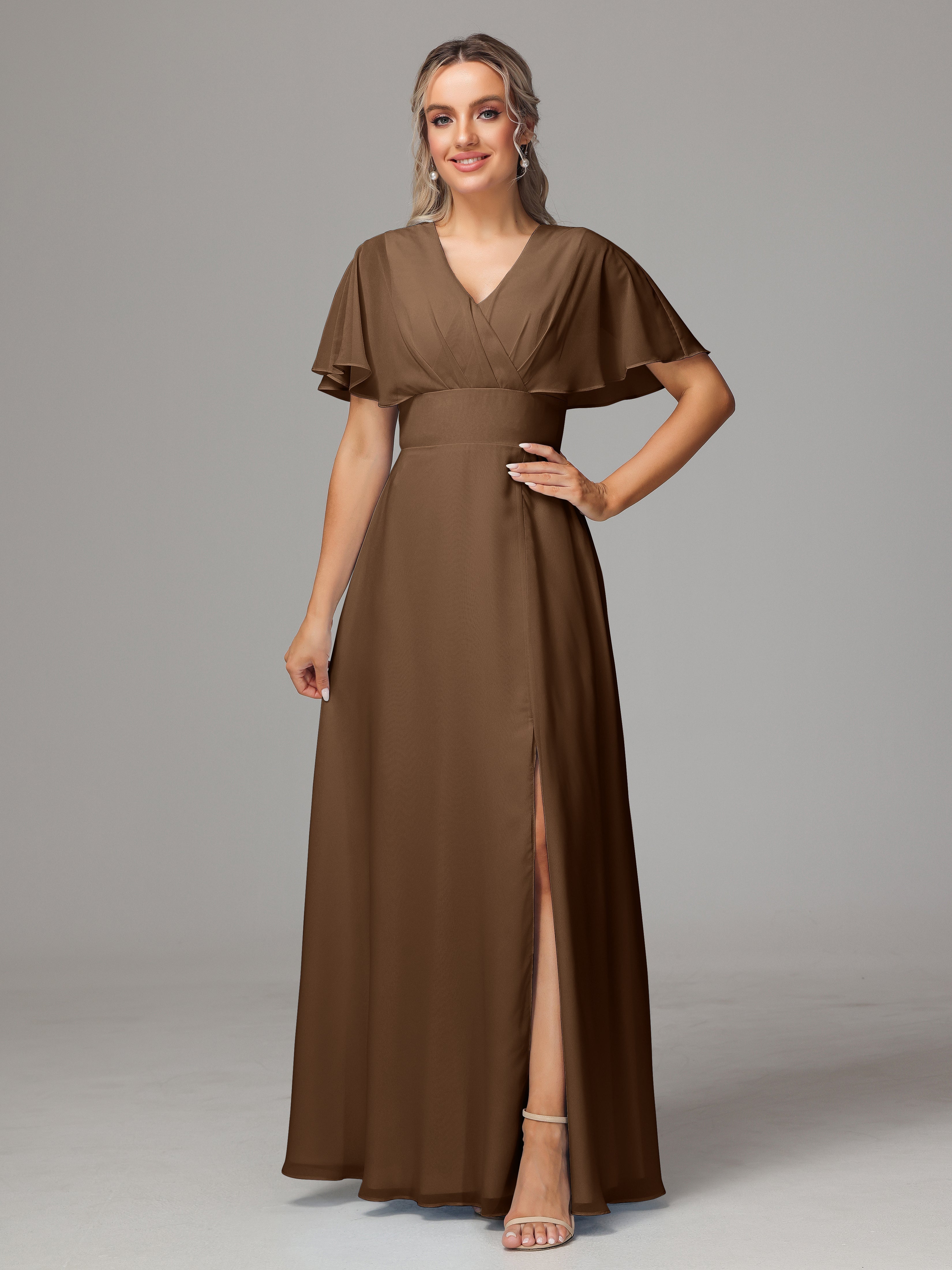 Robe Demoiselle D Honneur Brun Trapèze Col V Fendue Devant Mousseline Robe Demoiselle D'Honneur