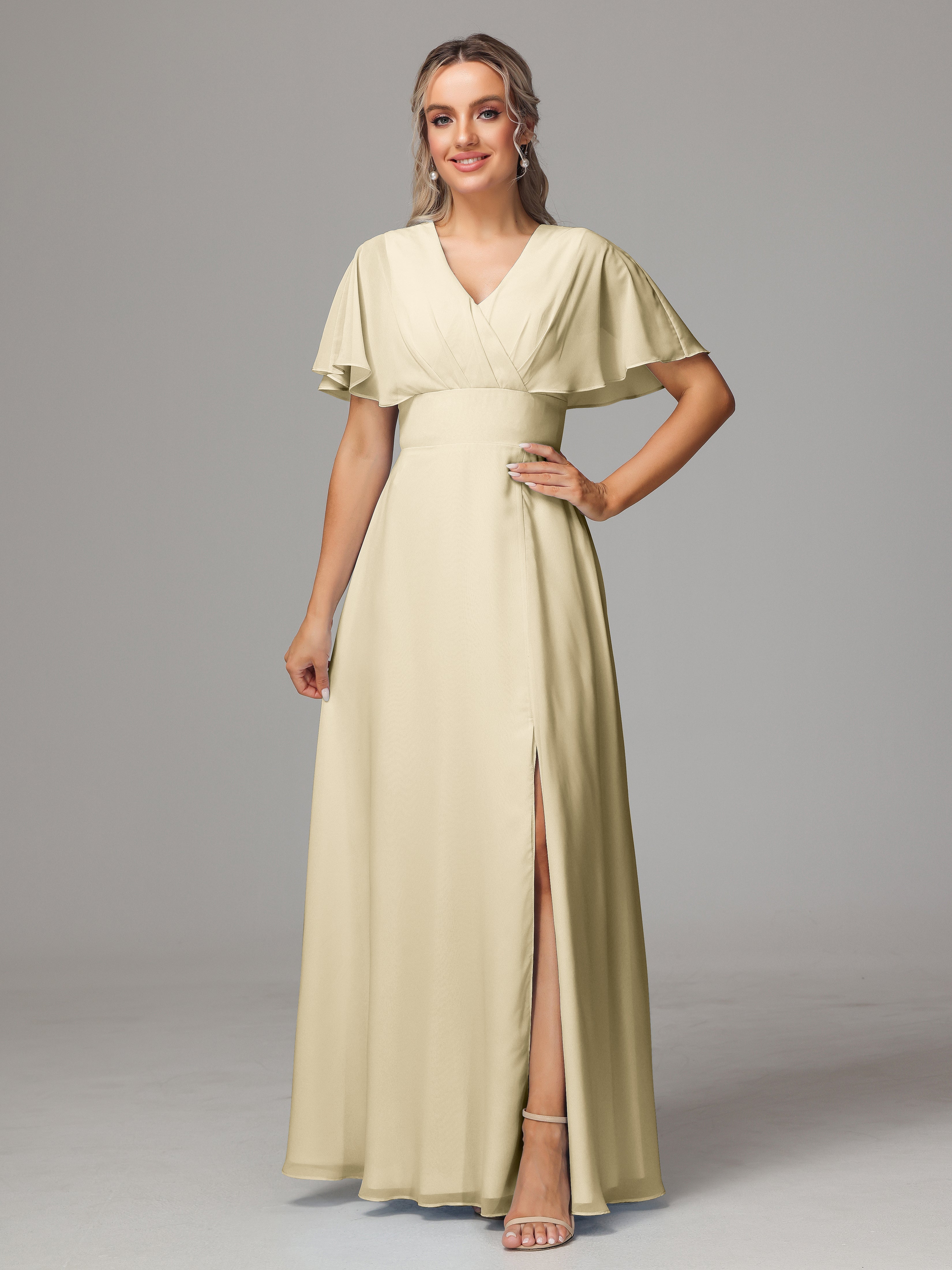 Robes De Demoiselle D'Honneur Champagne Trapèze Col V Fendue Devant Mousseline Robe Demoiselle D'Honneur