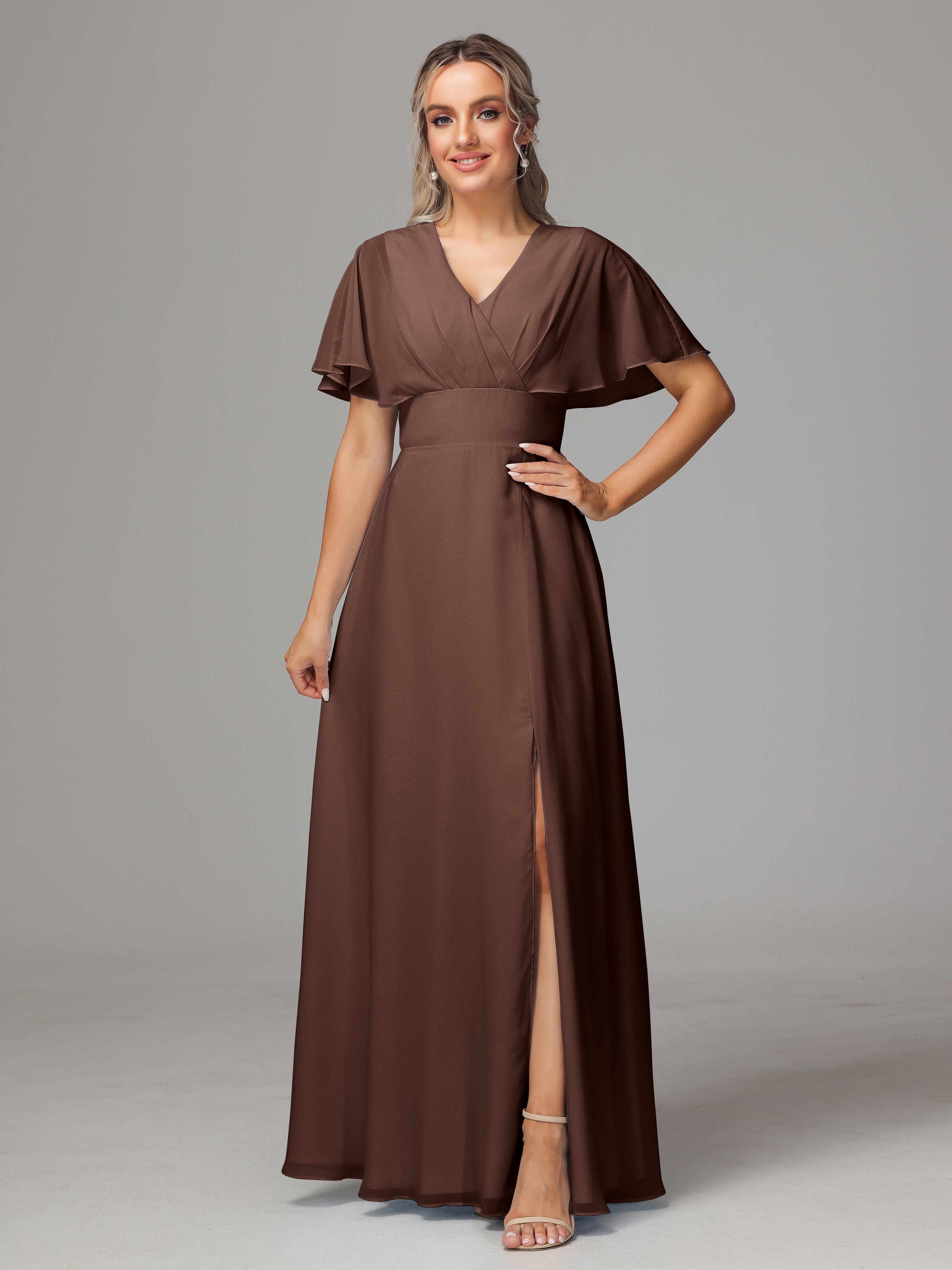 Robe De Demoiselle D Honneur Chocolat Trapèze Col V Fendue Devant Mousseline Robe Demoiselle D'Honneur