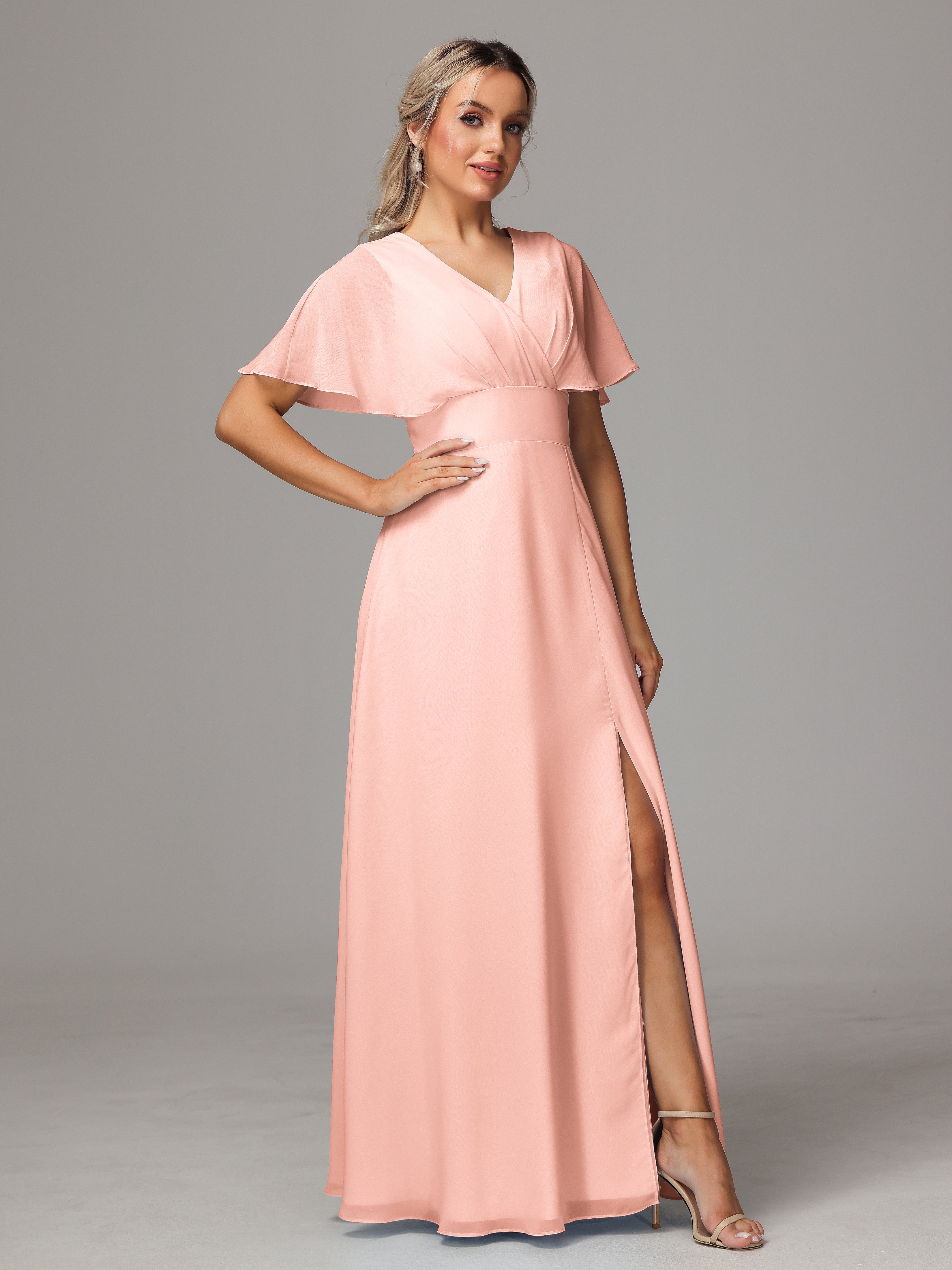 Corail Robe Demoiselle D Honneur Trapèze Col V Fendue Devant Mousseline Robe Demoiselle D'Honneur