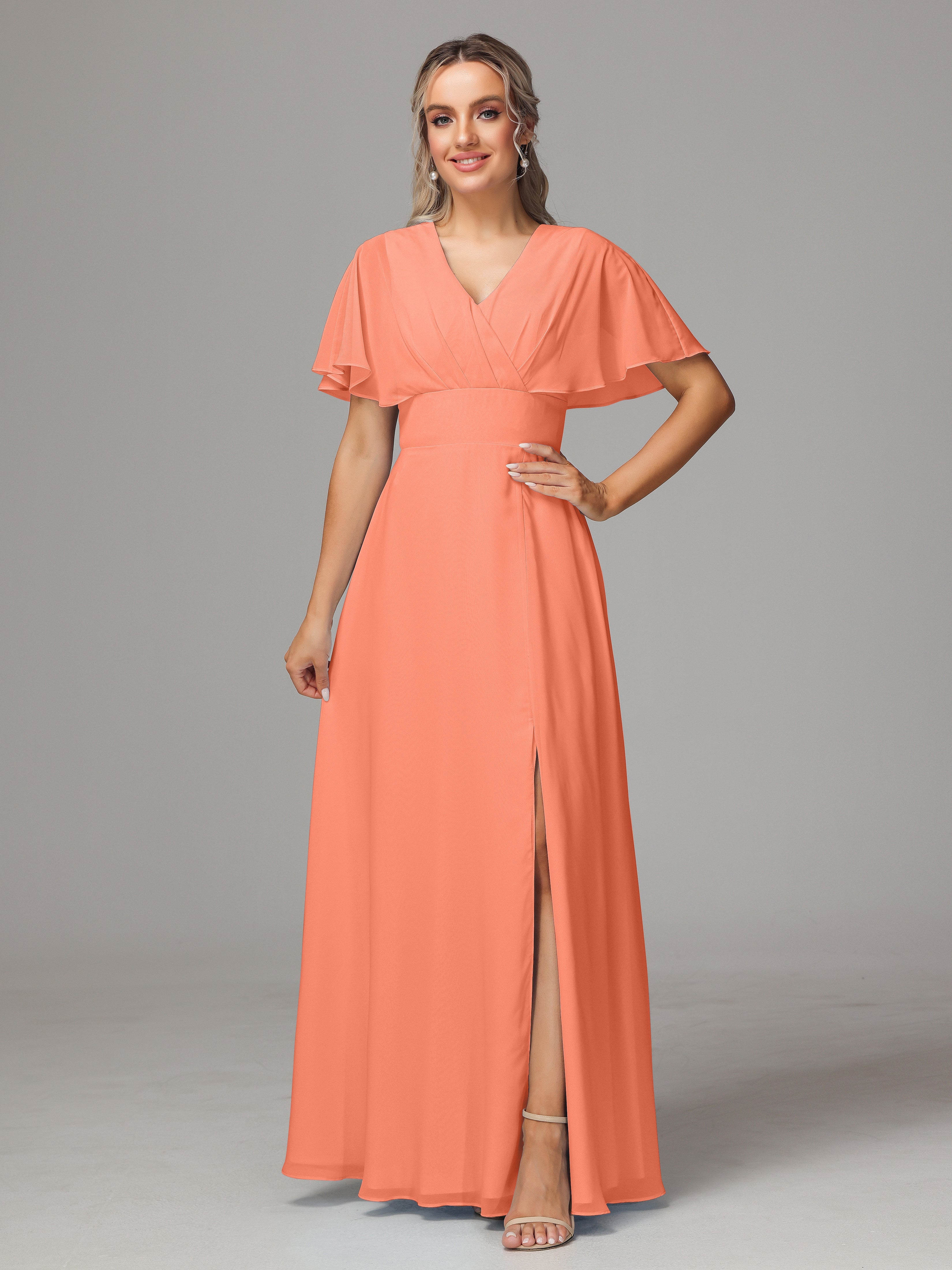 Robes De Demoiselle D'Honneur Coucher De Soleil Trapèze Col V Fendue Devant Mousseline Robe Demoiselle D'Honneur