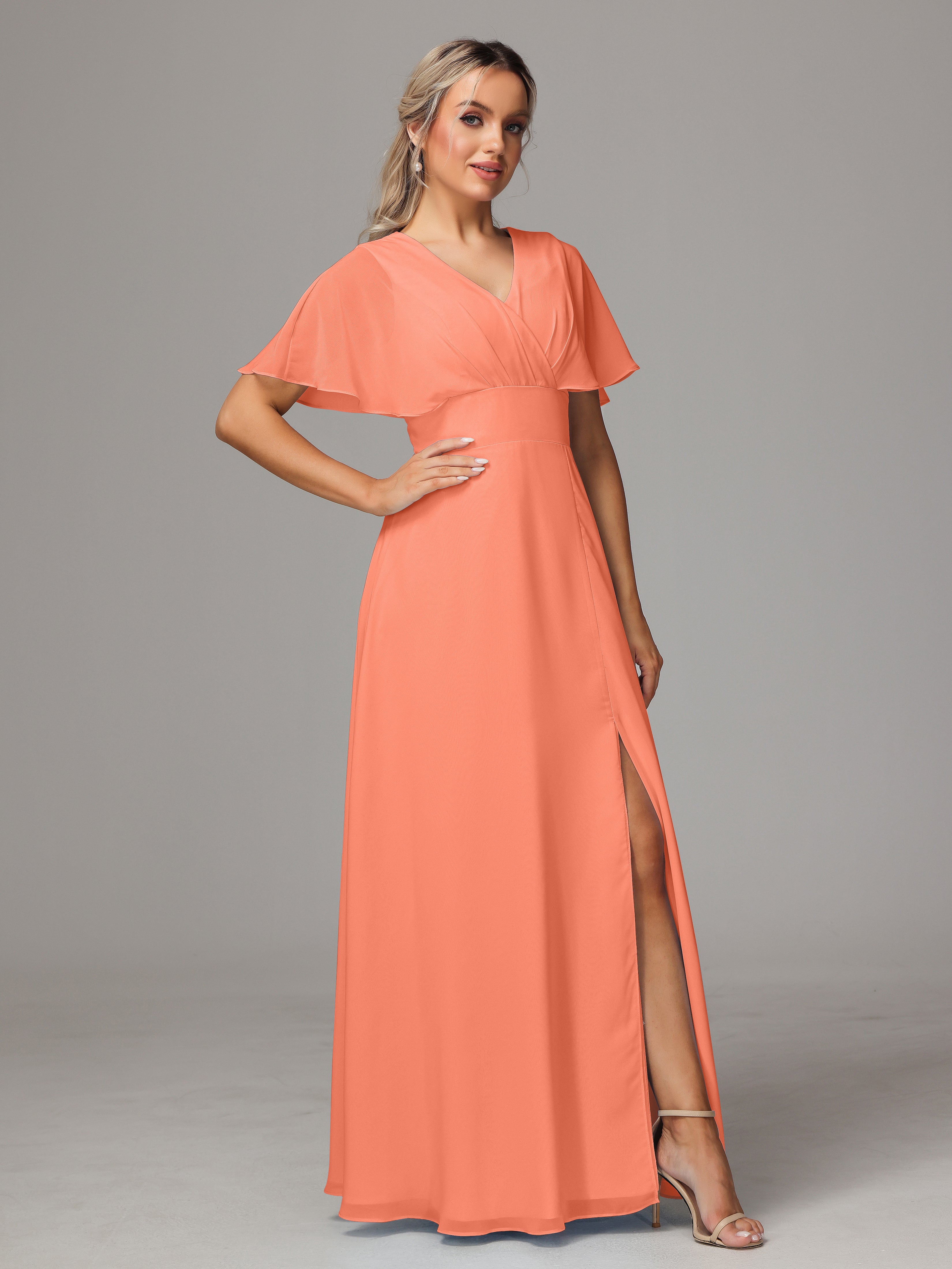 Robes De Demoiselle D'Honneur Coucher De Soleil Trapèze Col V Fendue Devant Mousseline Robe Demoiselle D'Honneur