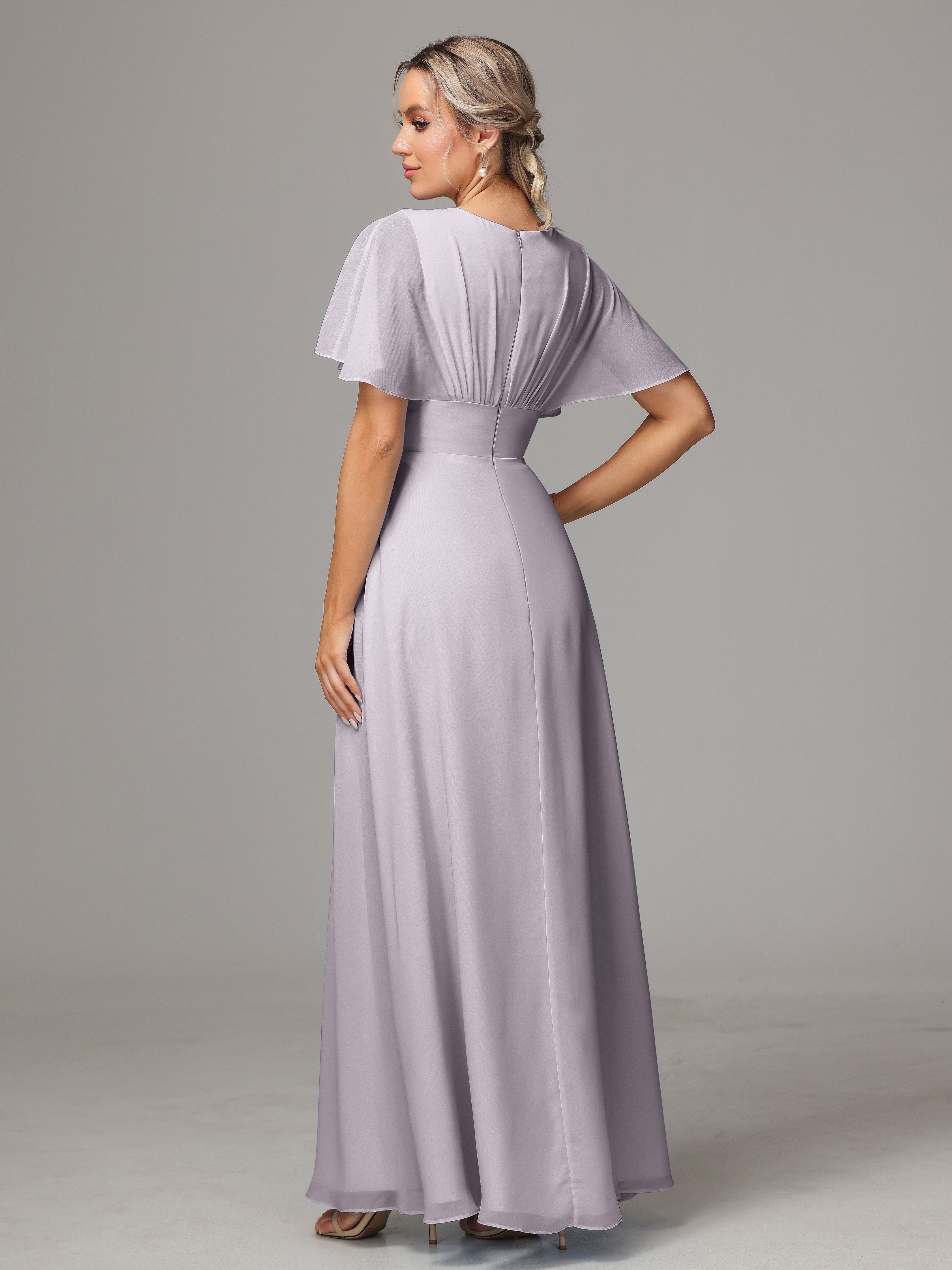 Robes De Demoiselle D'Honneur Couleur Crépuscule Trapèze Col V Fendue Devant Mousseline Robe Demoiselle D'Honneur