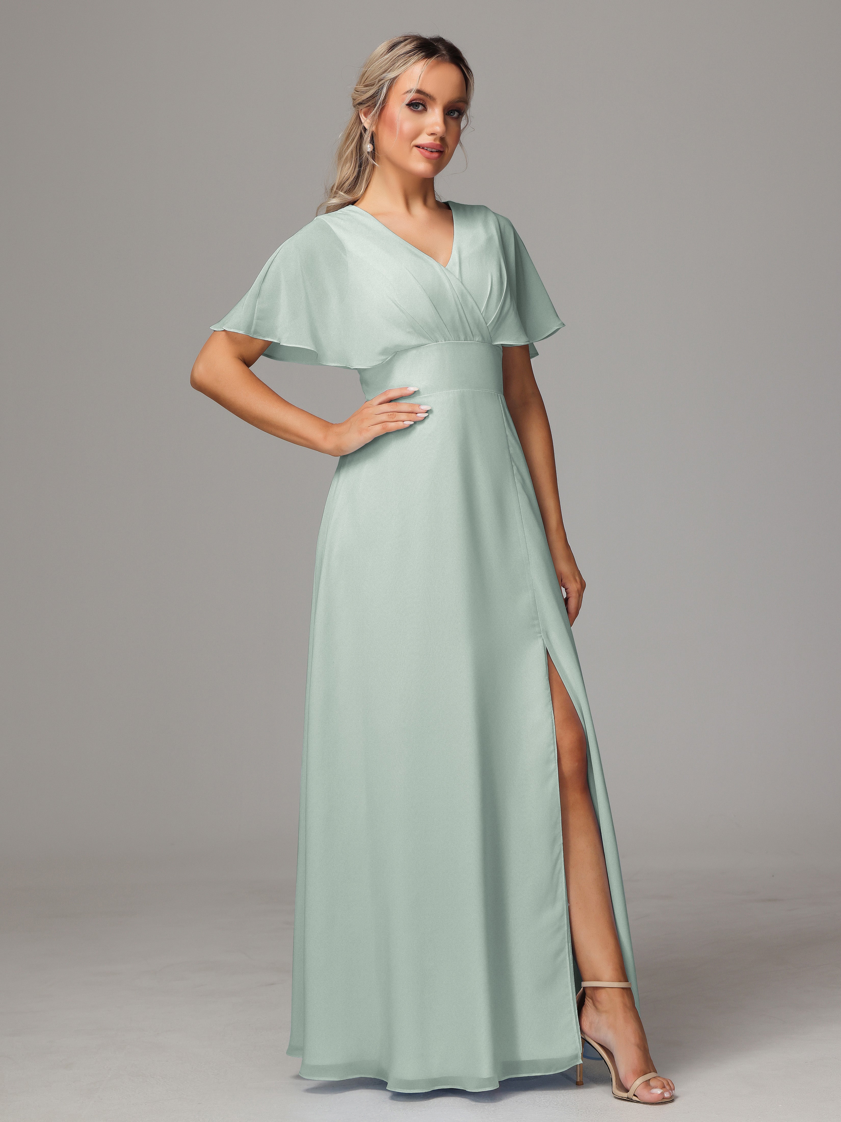 Robes De Demoiselle D'Honneur Celadon Trapèze Bretelles Spaghetti Mousseline Robes Demoiselle D'Honneur
