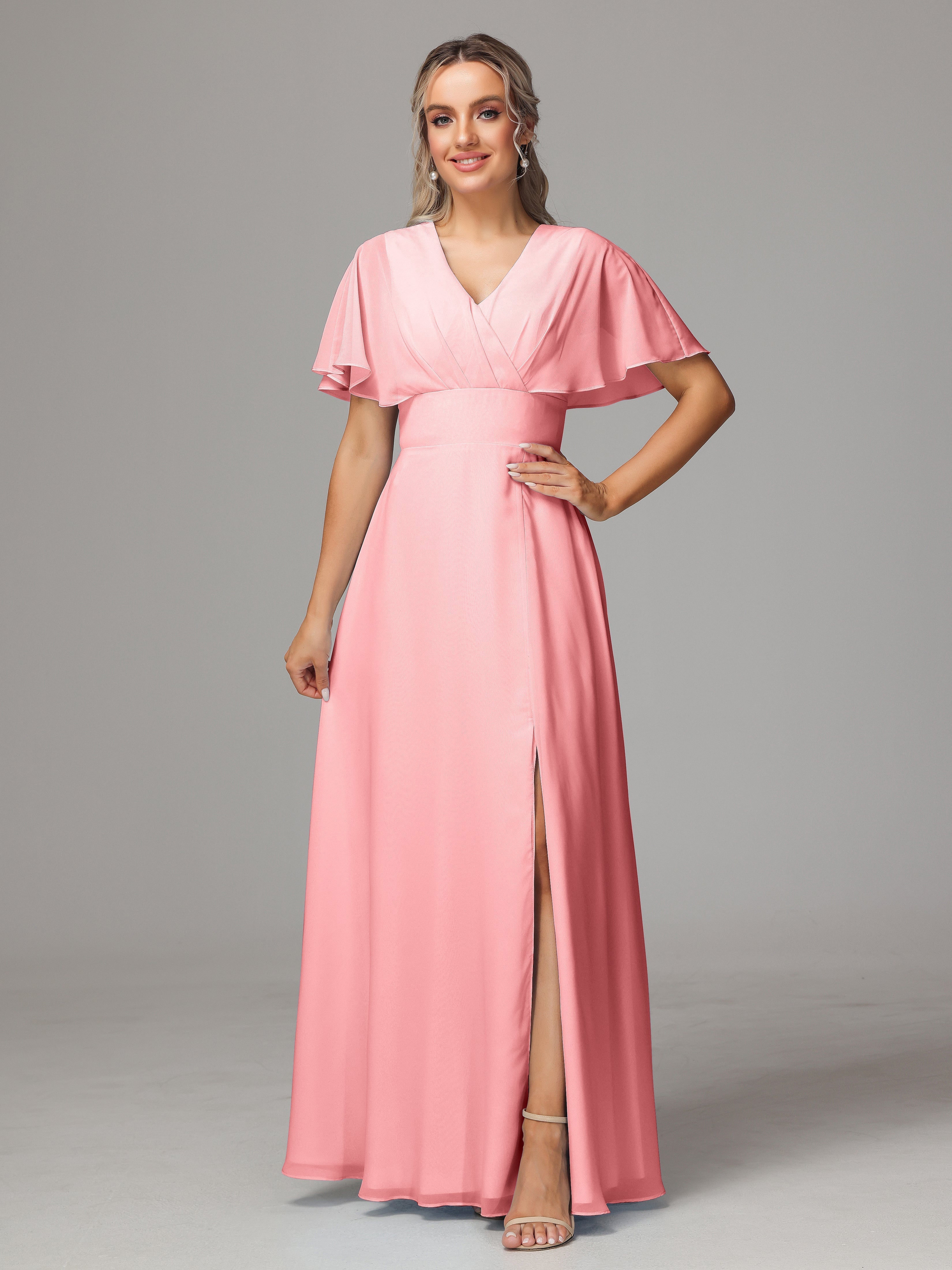 Robes De Demoiselle D'Honneur En Flamant Trapèze Col V Fendue Devant Mousseline Robe Demoiselle D'Honneur