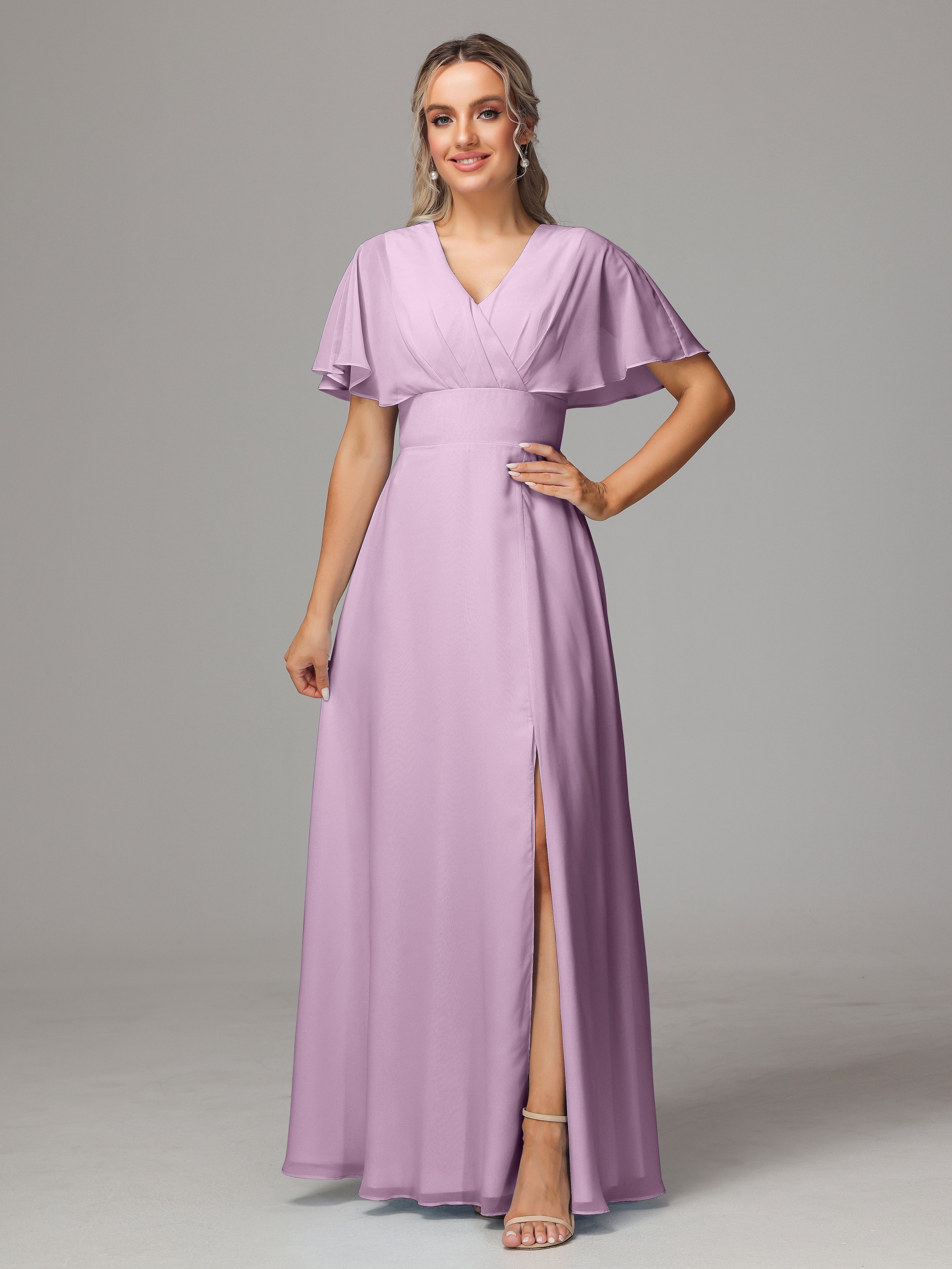 Robes De Demoiselle D'Honneur Glycine Trapèze Col V Fendue Devant Mousseline Robe Demoiselle D'Honneur