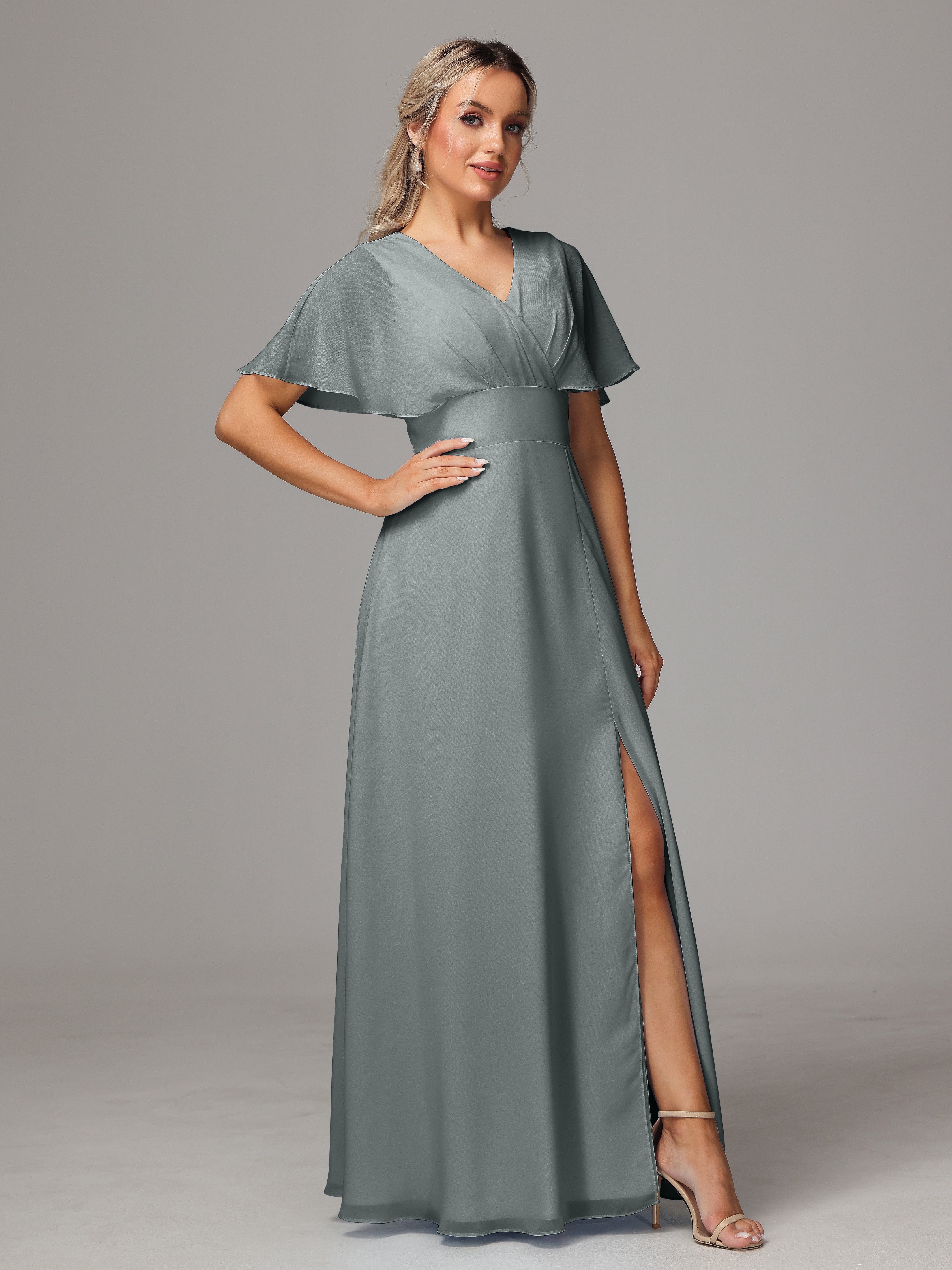 Demoiselle D Honneur Gris Trapèze Col V Fendue Devant Mousseline Robe Demoiselle D'Honneur