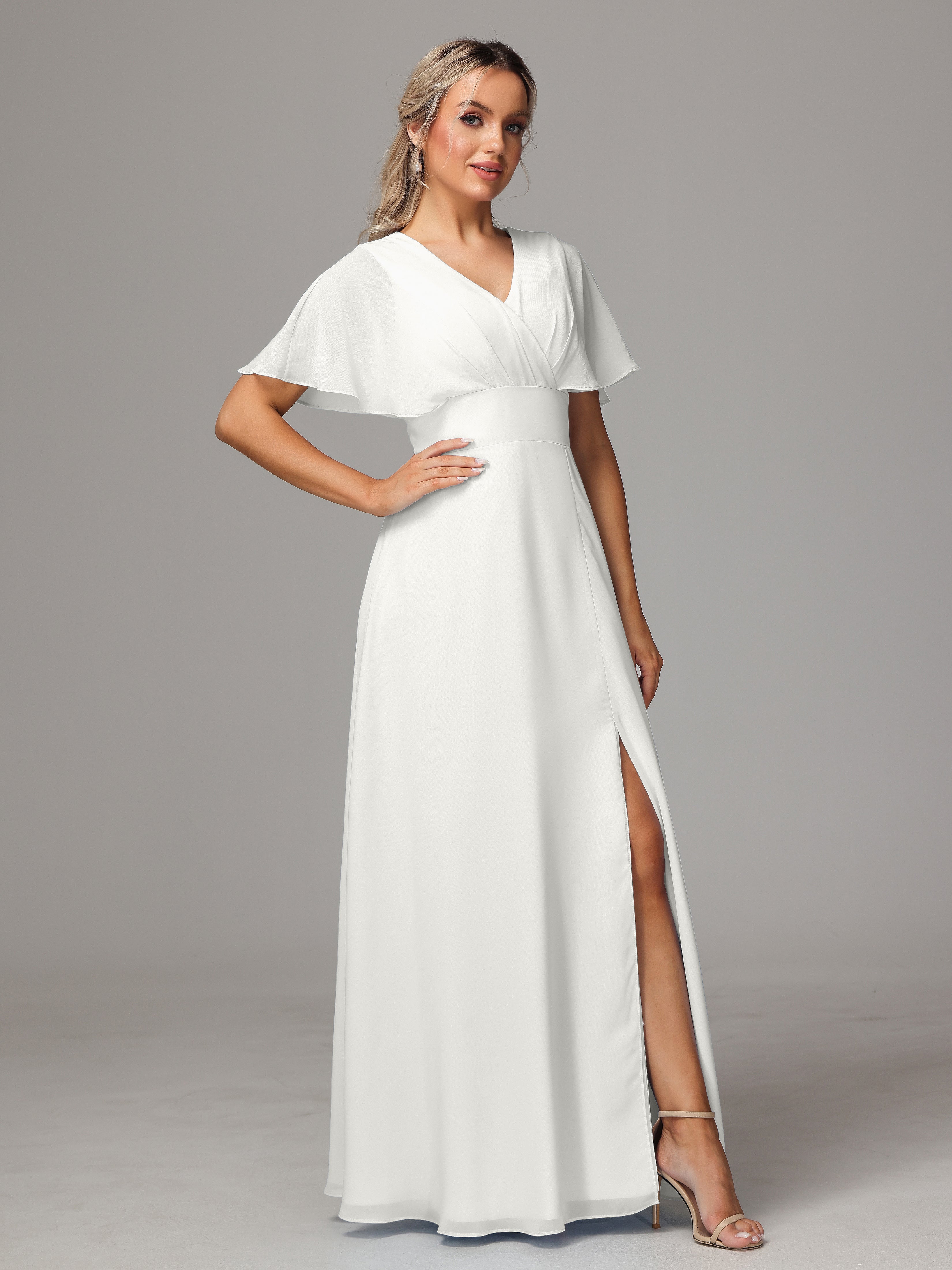 Robe Demoiselle D Honneur Ivoire Trapèze Col V Fendue Devant Mousseline Robe Demoiselle D'Honneur