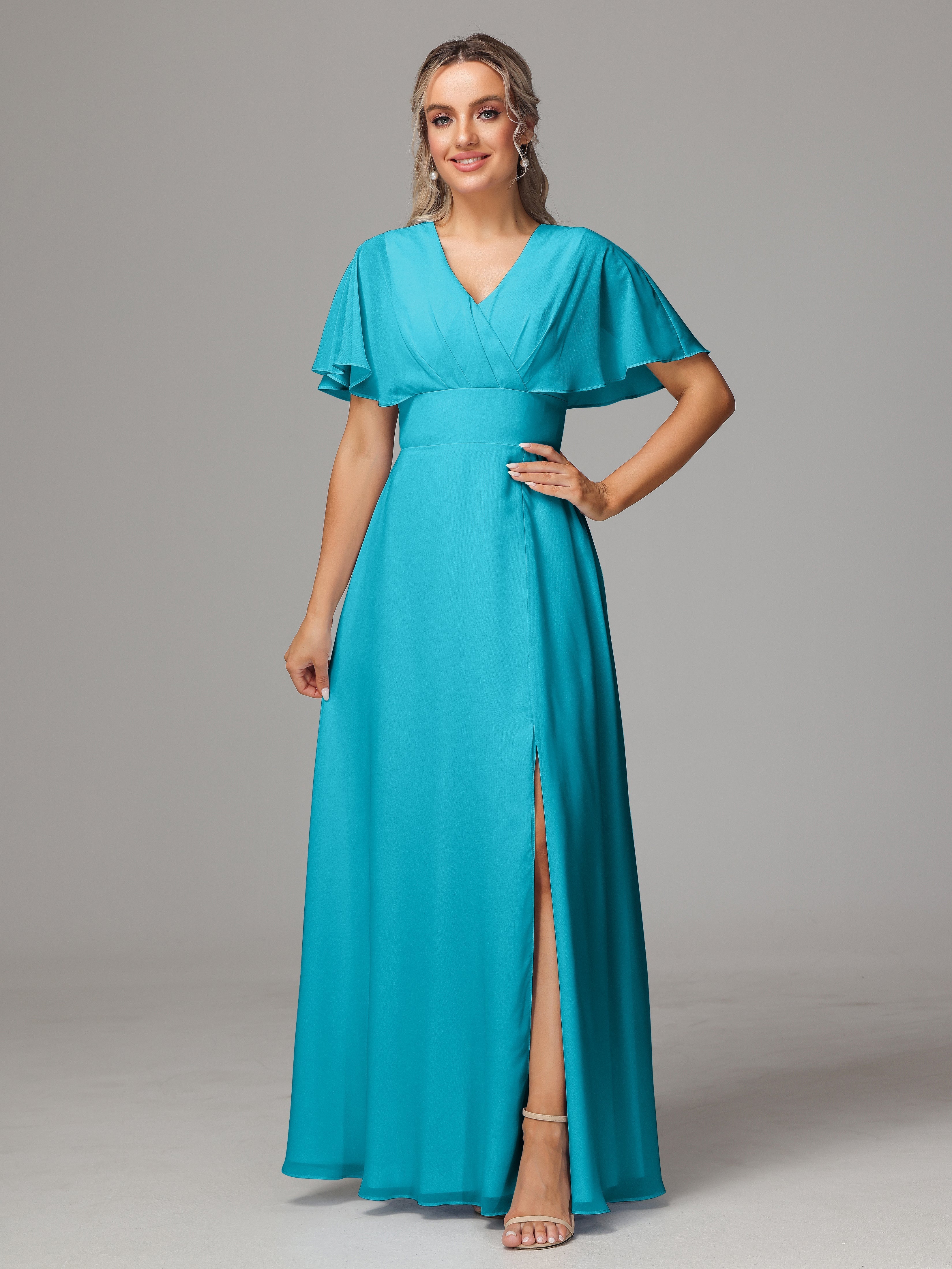 Robes De Demoiselle D'Honneur Jade Trapèze Col V Fendue Devant Mousseline Robe Demoiselle D'Honneur