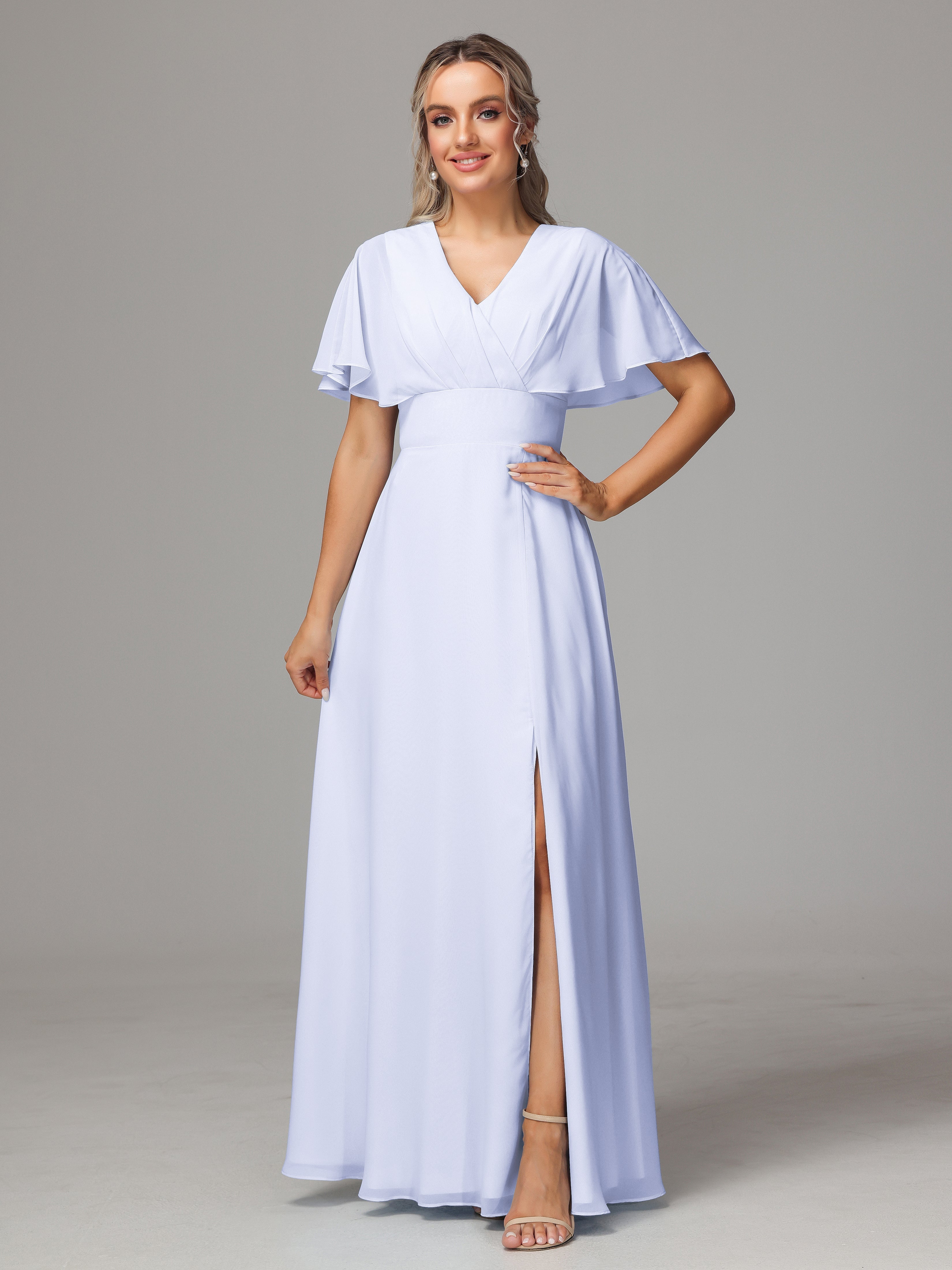 Robe Demoiselle D Honneur Lavande Trapèze Col V Fendue Devant Mousseline Robe Demoiselle D'Honneur