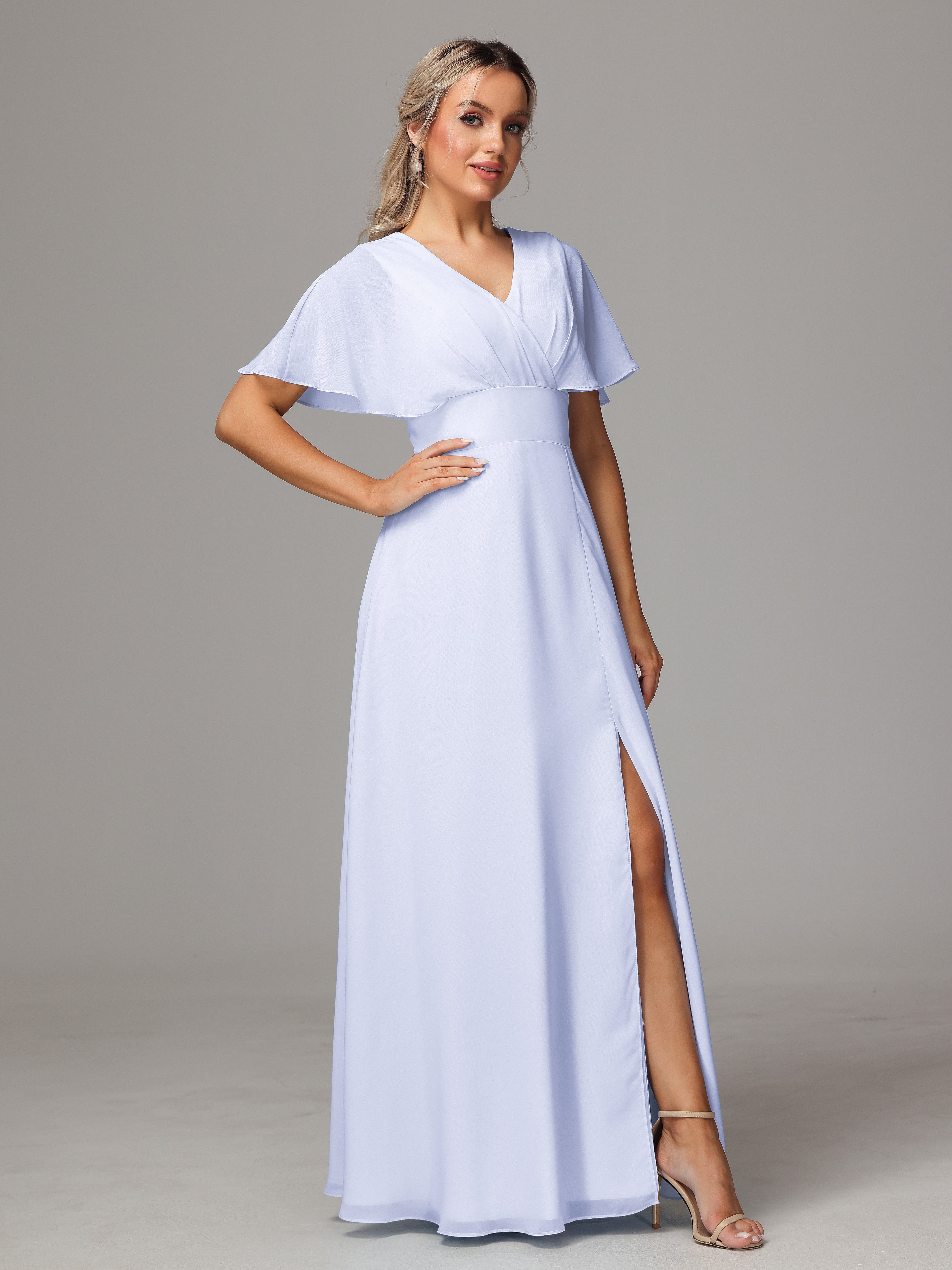 Robe Demoiselle D Honneur Lavande Trapèze Col V Fendue Devant Mousseline Robe Demoiselle D'Honneur