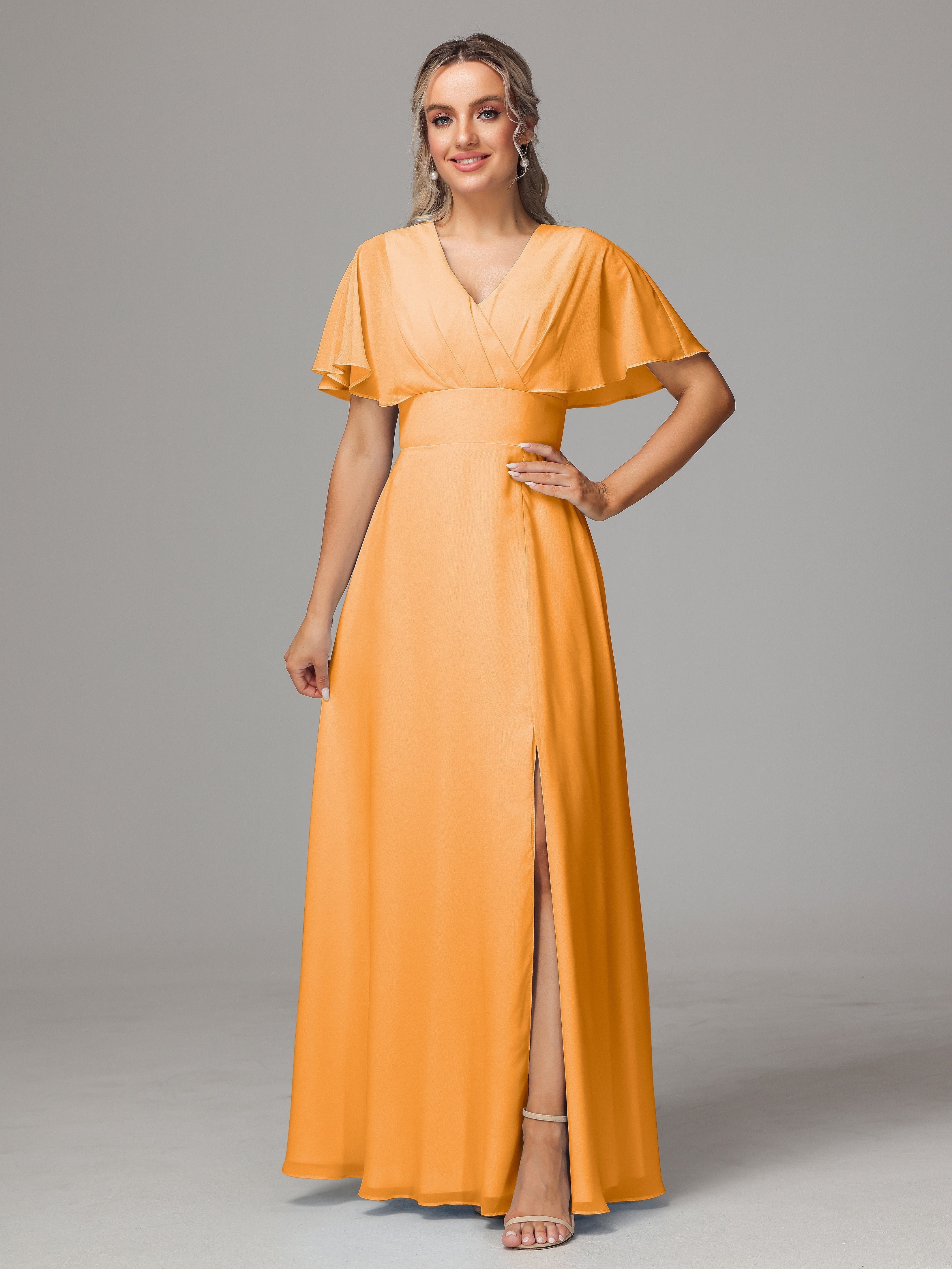 Robes De Demoiselle D'Honneur Mandarine Trapèze Col V Fendue Devant Mousseline Robe Demoiselle D'Honneur