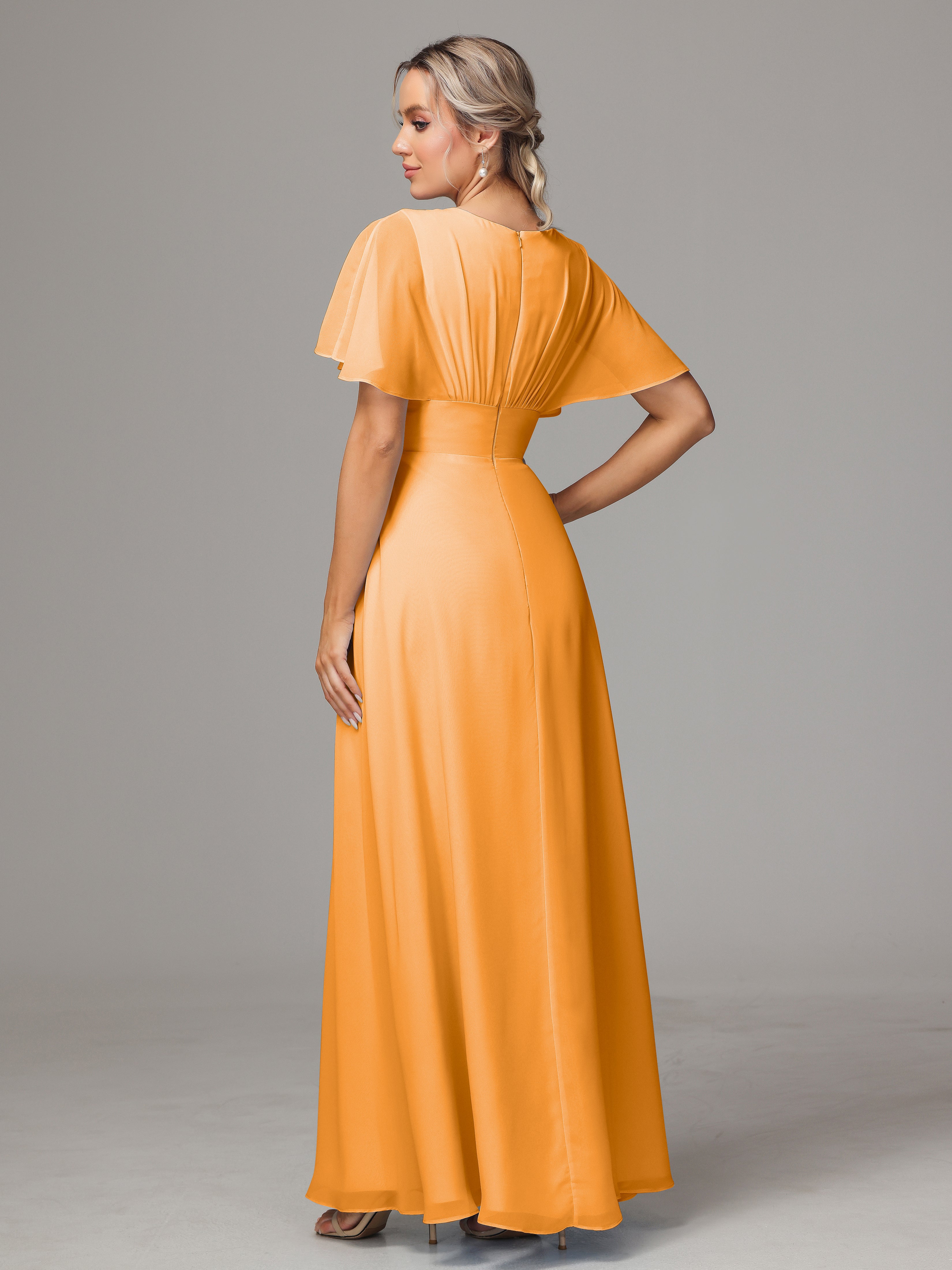 Robes De Demoiselle D'Honneur Mandarine Trapèze Col V Fendue Devant Mousseline Robe Demoiselle D'Honneur