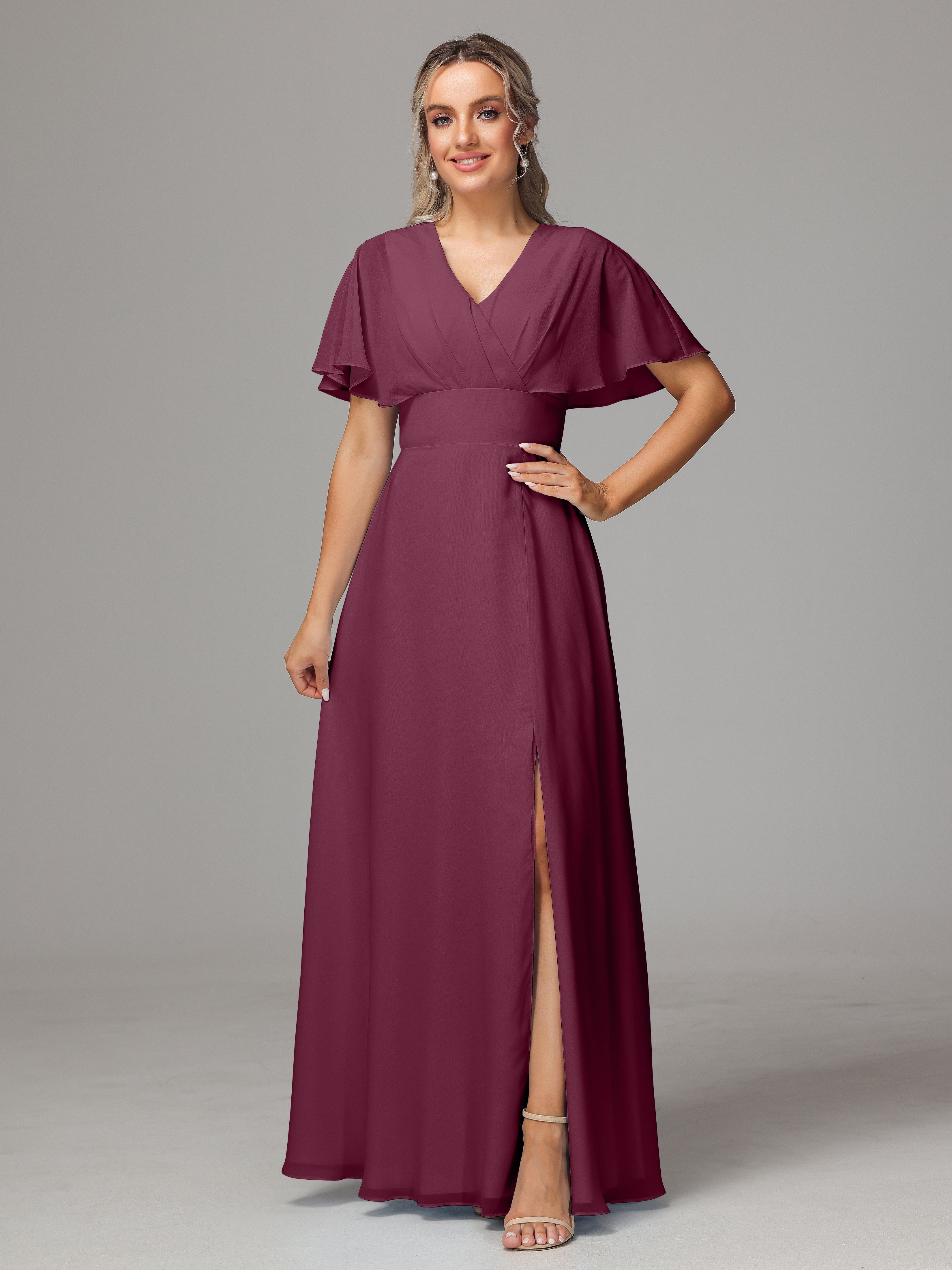 Robes De Demoiselle D'Honneur Mûre Trapèze Col V Fendue Devant Mousseline Robe Demoiselle D'Honneur