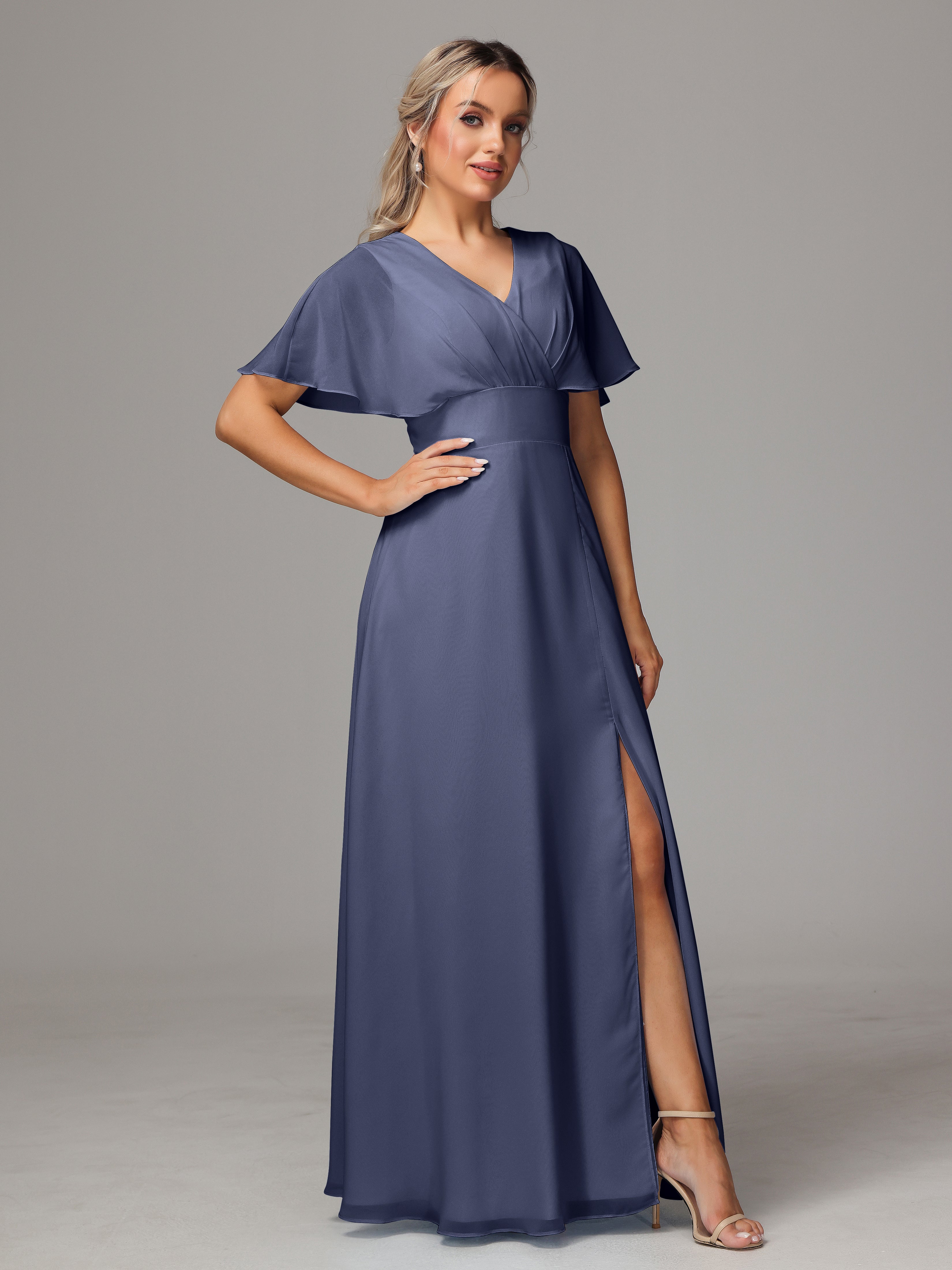 Robes De Demoiselle D'Honneur Bleu Orageux Trapèze Col V Fendue Devant Mousseline Robe Demoiselle D'Honneur