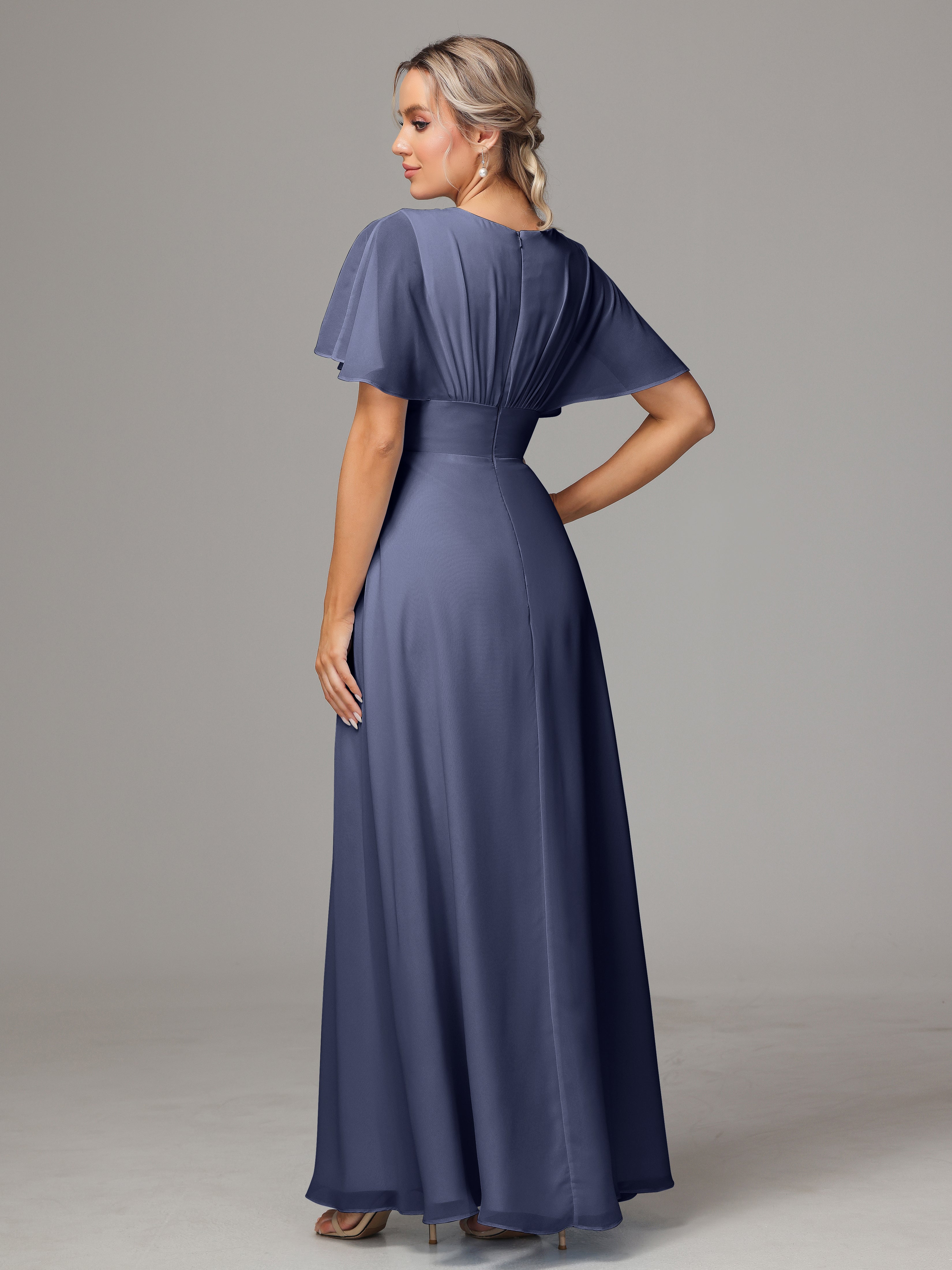 Robes De Demoiselle D'Honneur Bleu Orageux Trapèze Col V Fendue Devant Mousseline Robe Demoiselle D'Honneur