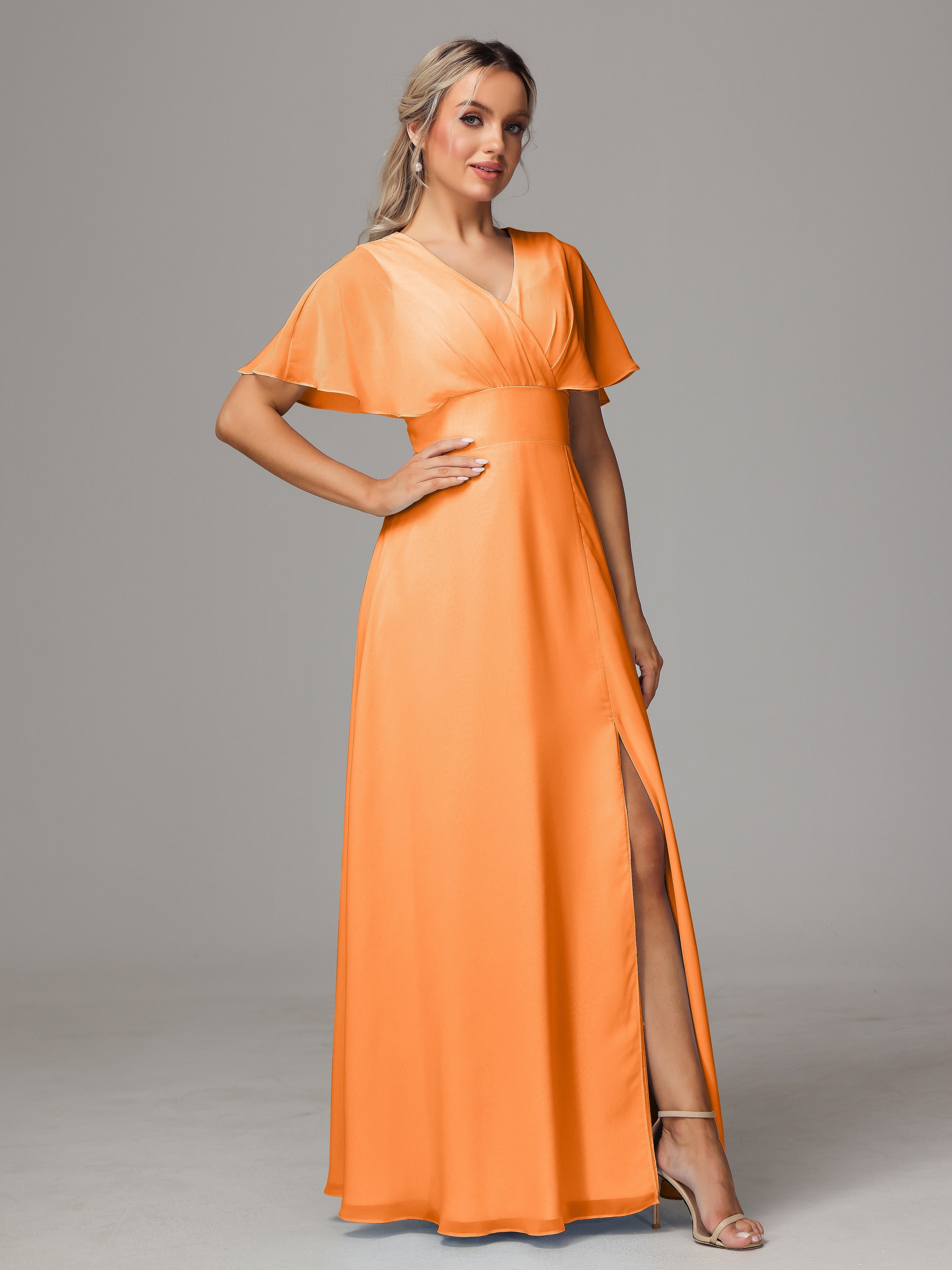 Robes De Demoiselle D'Honneur Orange Trapèze Col V Fendue Devant Mousseline Robe Demoiselle D'Honneur