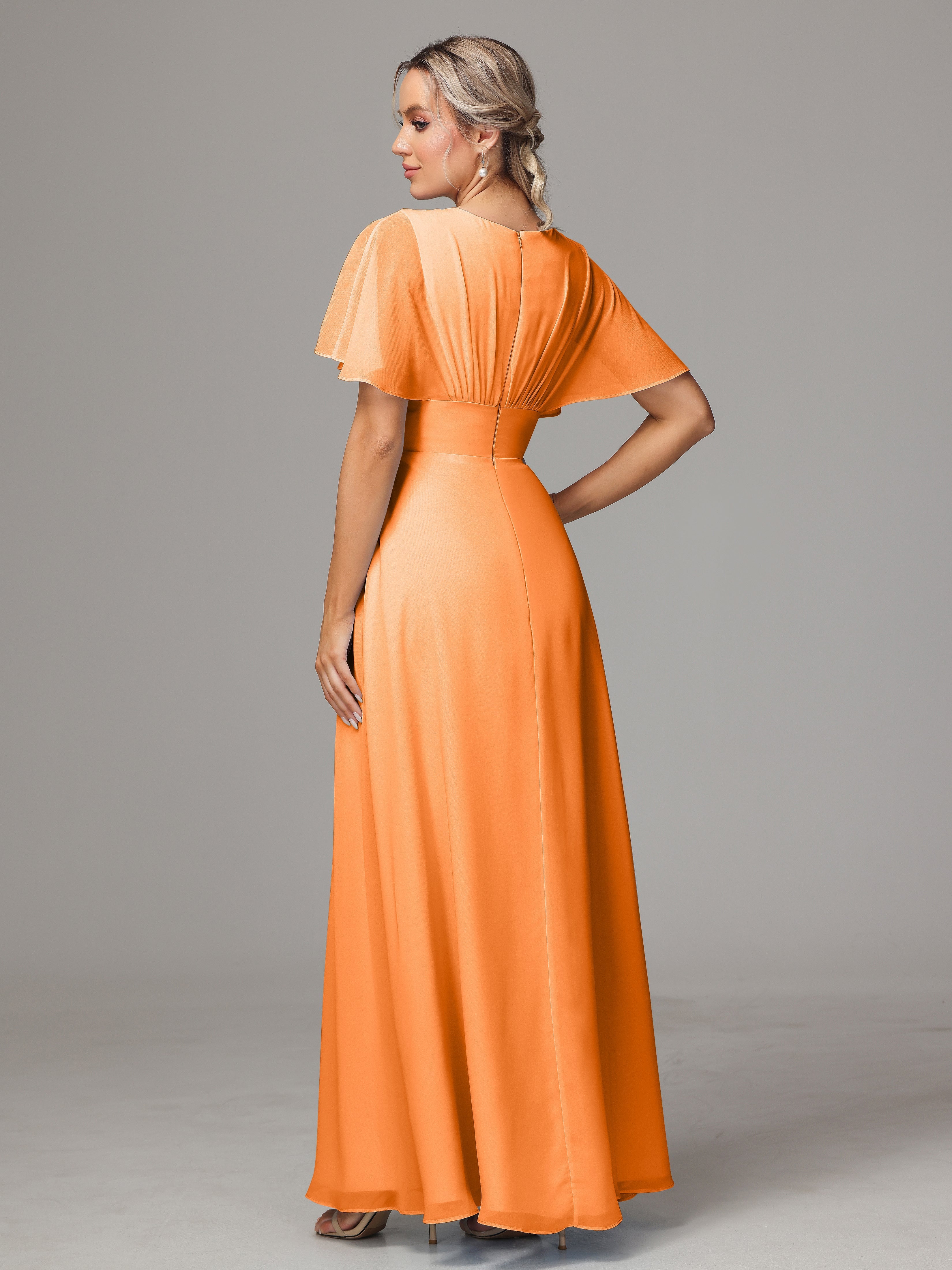 Robes De Demoiselle D'Honneur Orange Trapèze Col V Fendue Devant Mousseline Robe Demoiselle D'Honneur