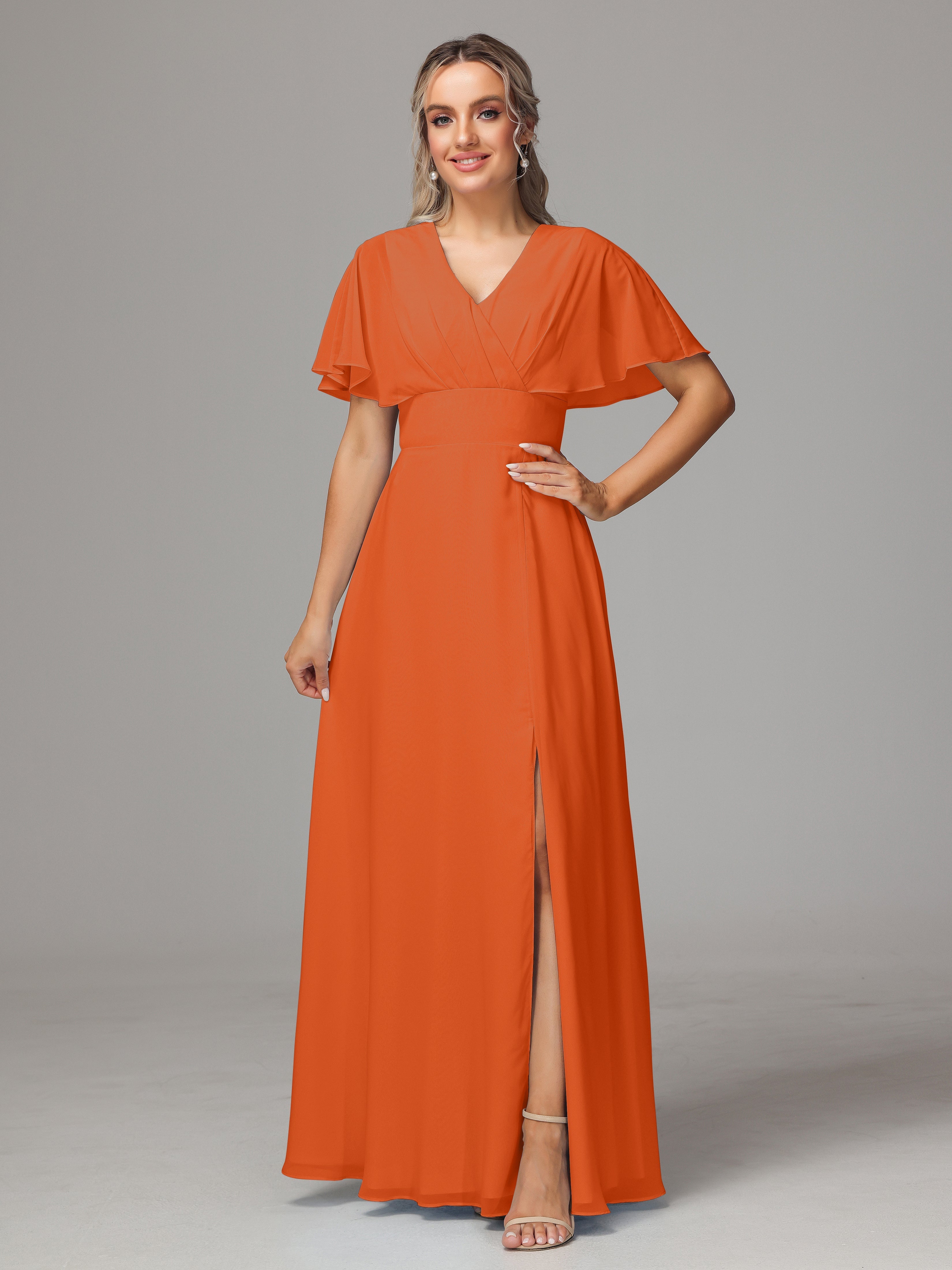 Robes De Demoiselle D'Honneur Orange Foncé Trapèze Col V Fendue Devant Mousseline Robe Demoiselle D'Honneur