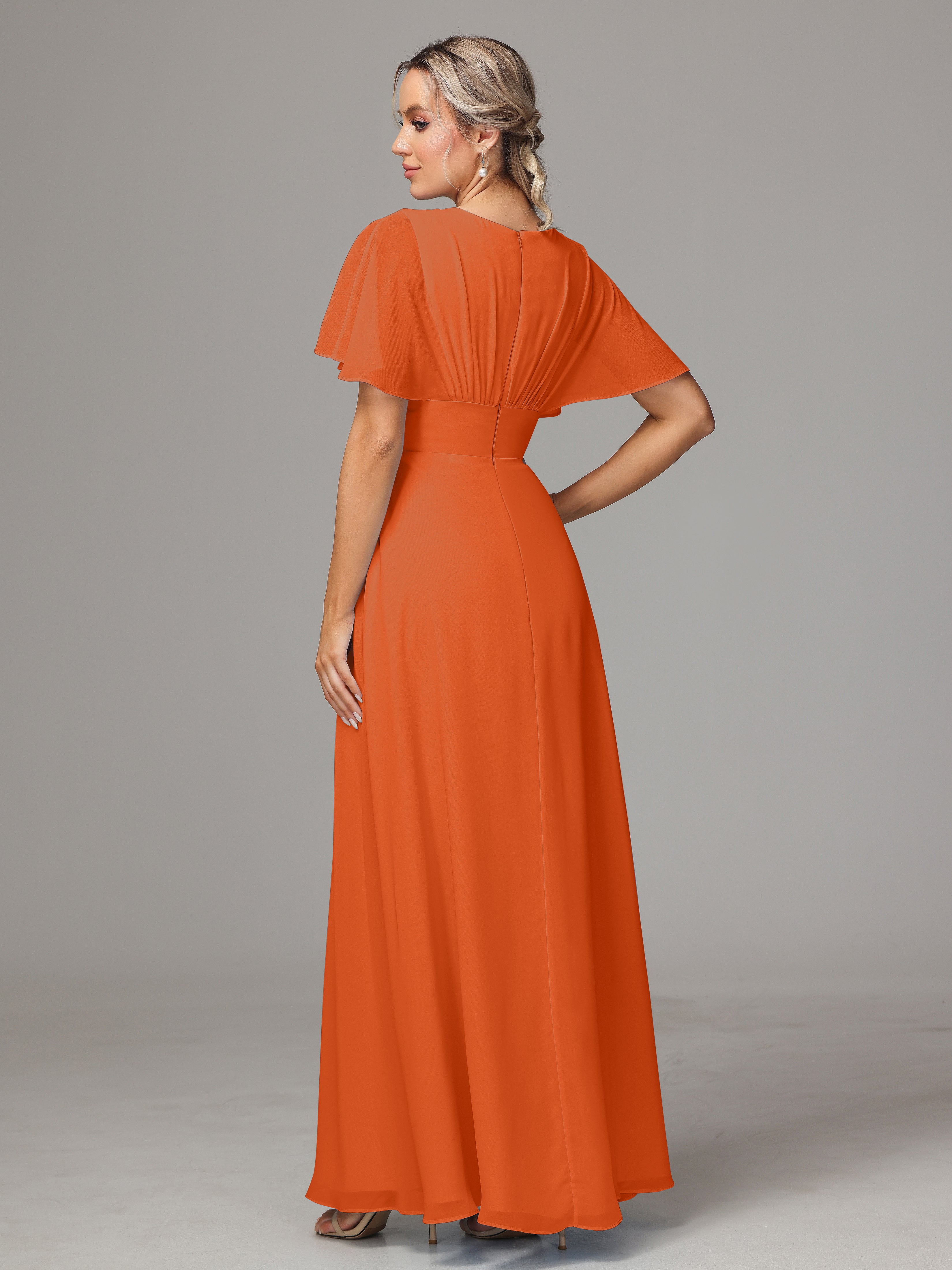 Robes De Demoiselle D'Honneur Orange Foncé Trapèze Col V Fendue Devant Mousseline Robe Demoiselle D'Honneur