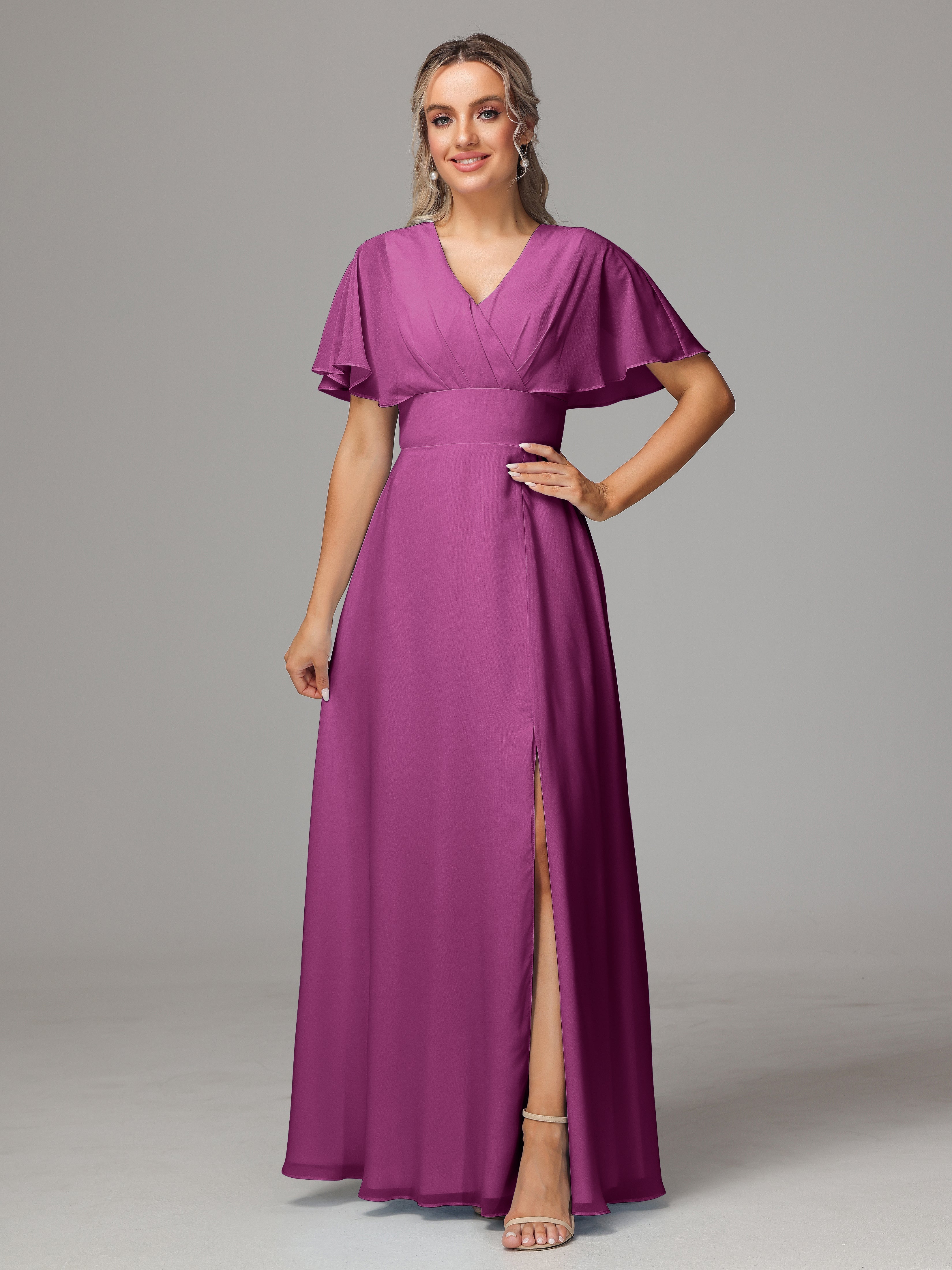 Robes De Demoiselle D'Honneur Orchidée Trapèze Col V Fendue Devant Mousseline Robe Demoiselle D'Honneur