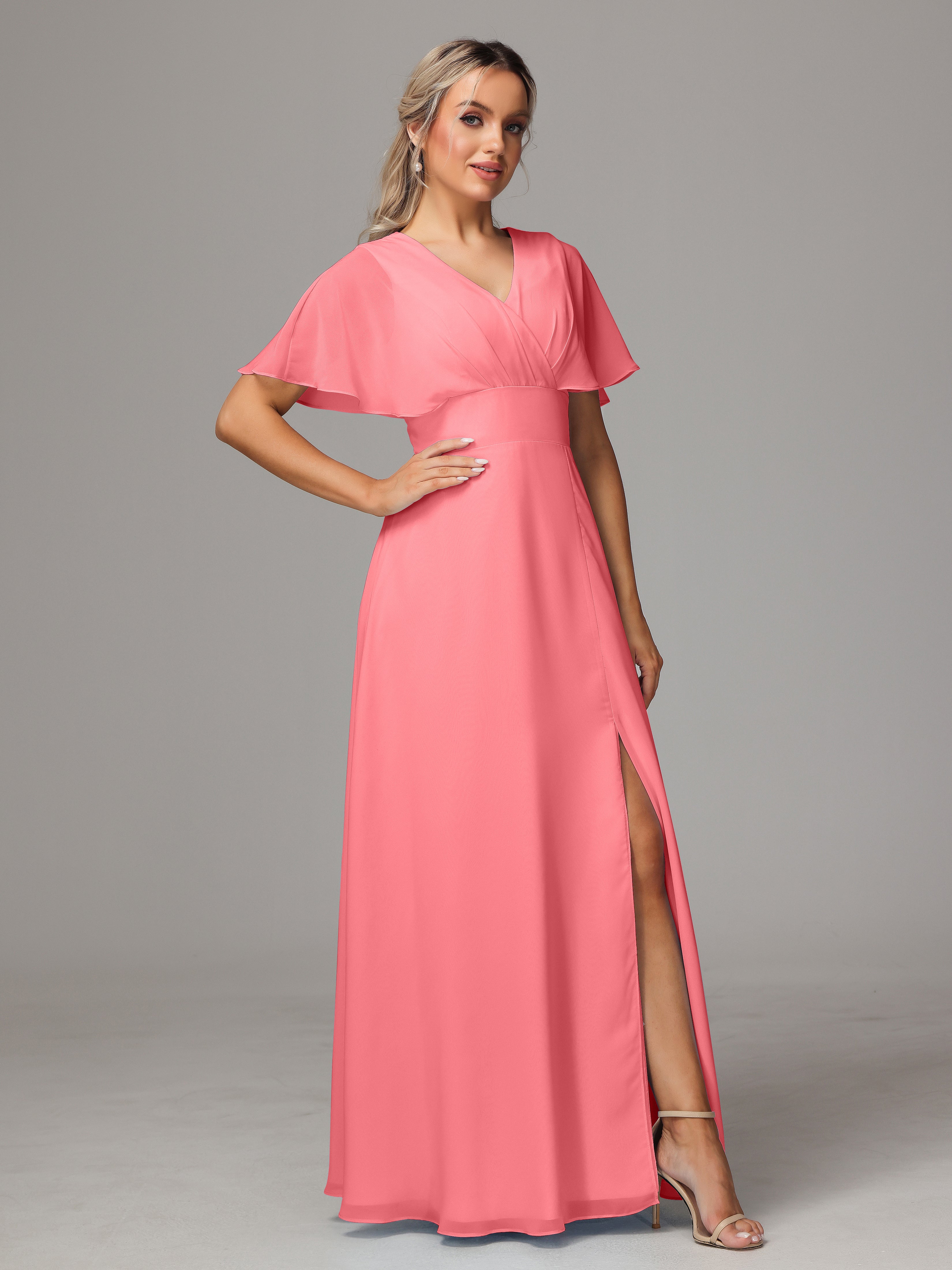 Robes De Demoiselle D'Honneur Pastèque Trapèze Col V Fendue Devant Mousseline Robe Demoiselle D'Honneur