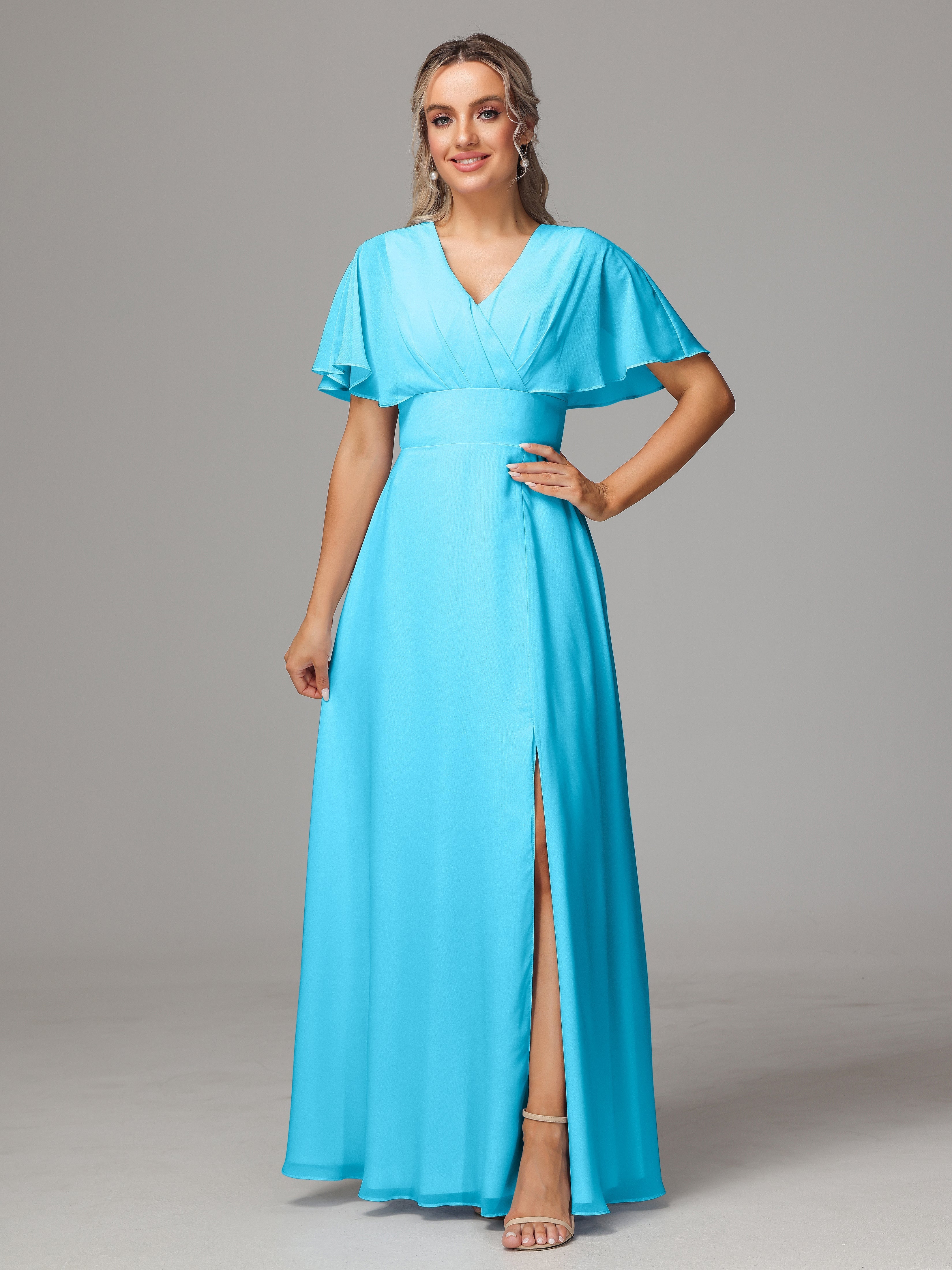 Robe De Demoiselle D'Honneur En Piscine Trapèze Col V Fendue Devant Mousseline Robe Demoiselle D'Honneur