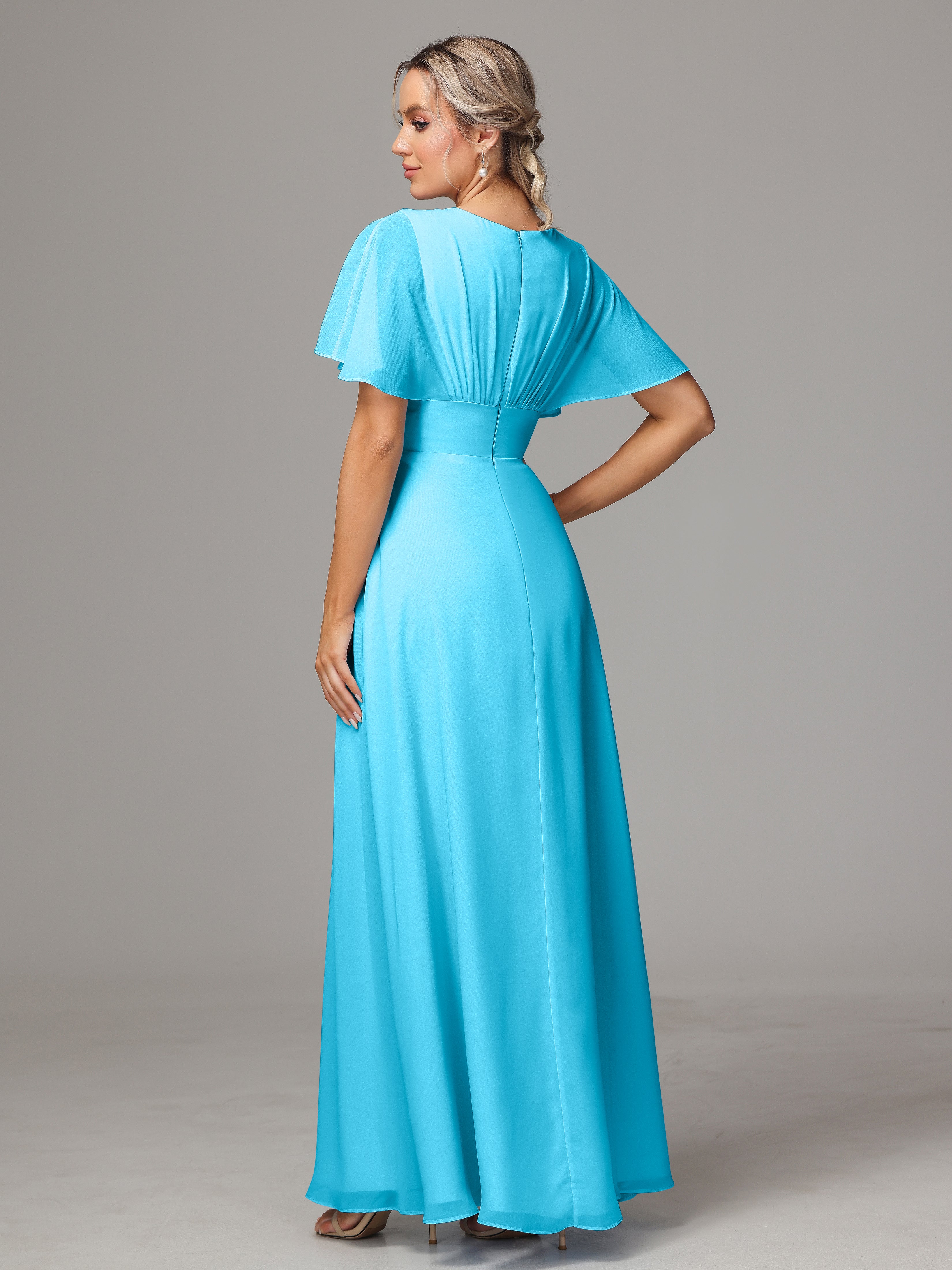 Robe De Demoiselle D'Honneur En Piscine Trapèze Col V Fendue Devant Mousseline Robe Demoiselle D'Honneur