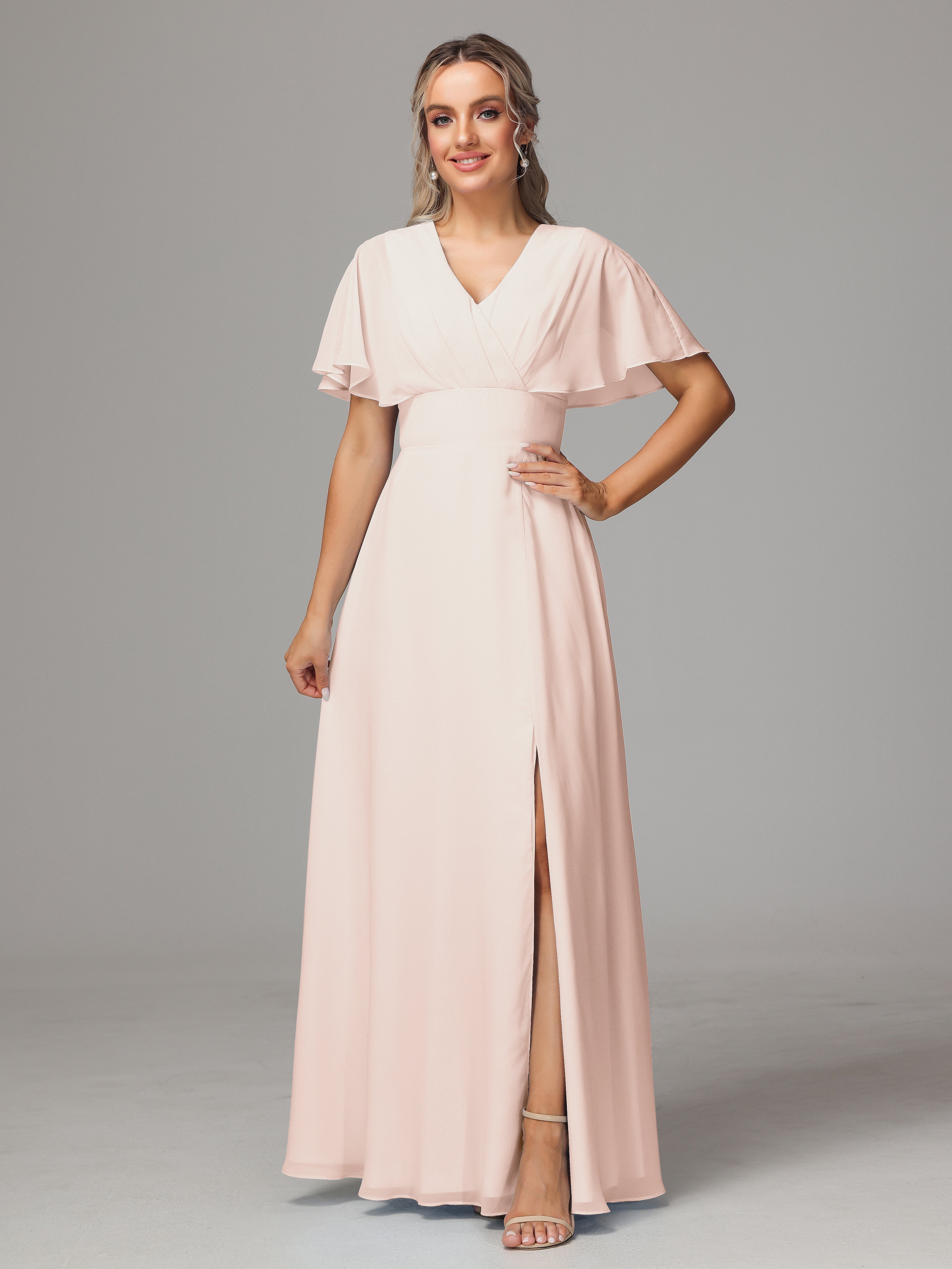 Robe Demoiselle D Honneur Rose Perle Trapèze Col V Fendue Devant Mousseline Robe Demoiselle D'Honneur