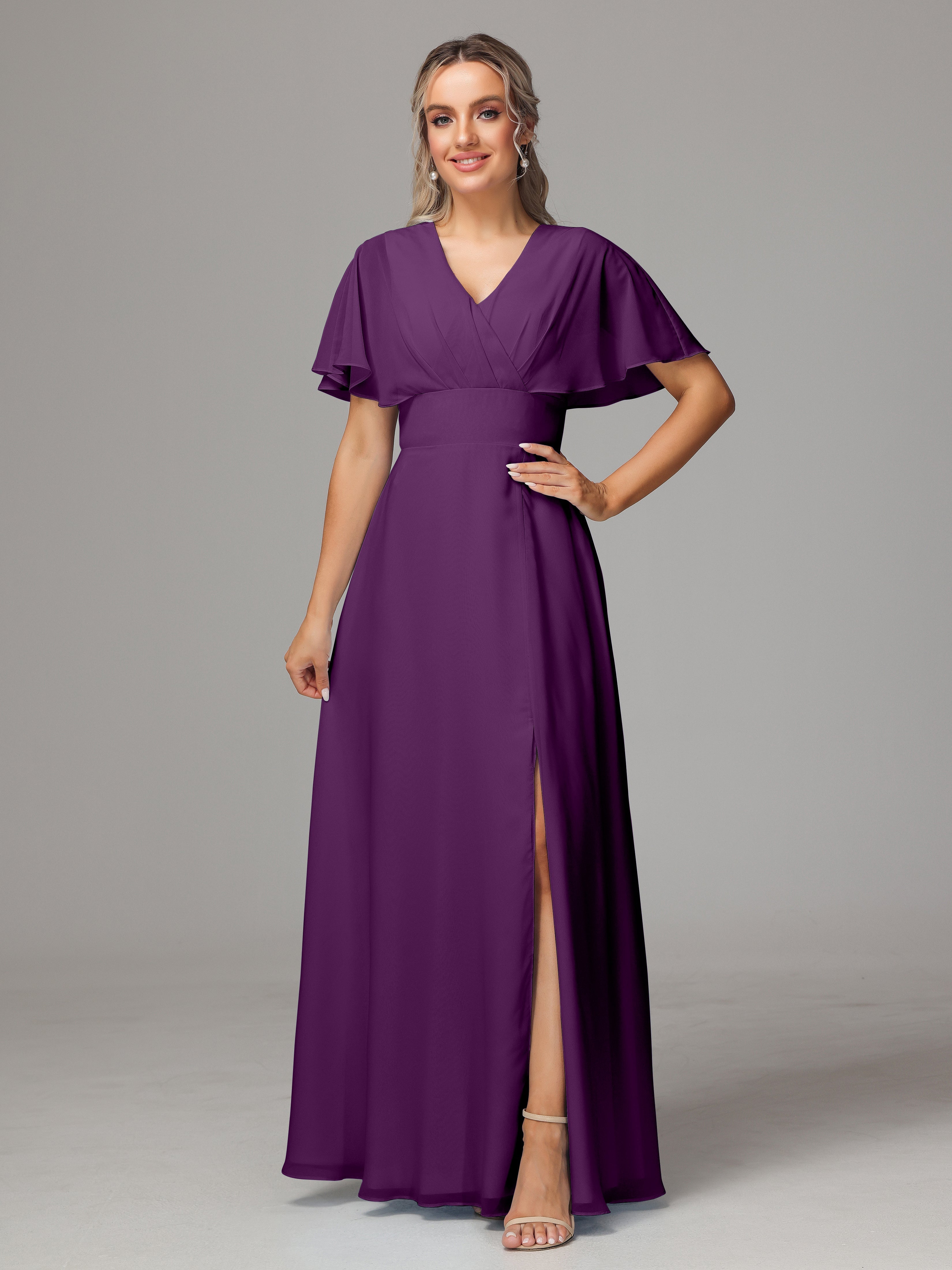 Robes De Demoiselle D'Honneur En Raisin Trapèze Col V Fendue Devant Mousseline Robe Demoiselle D'Honneur