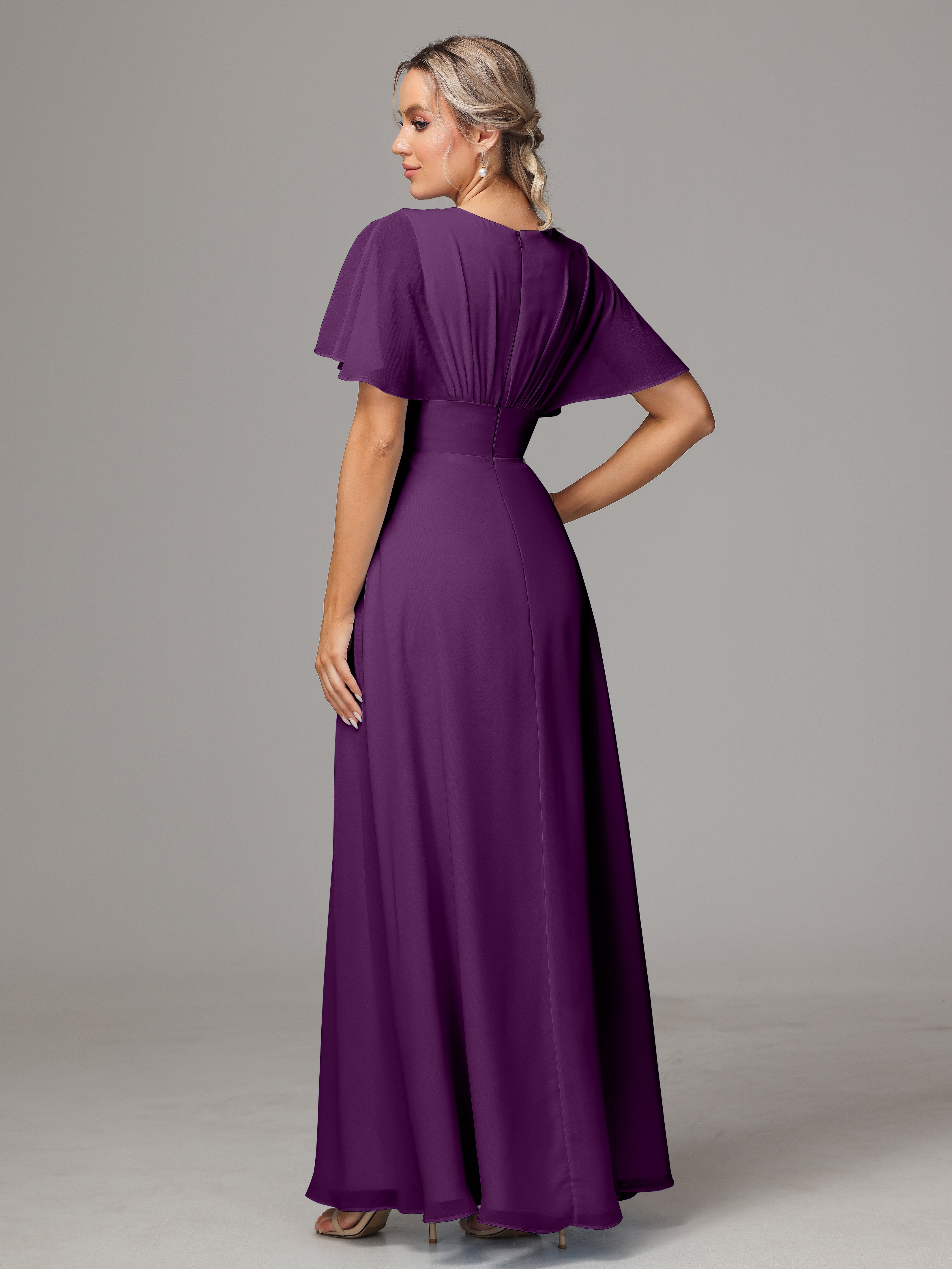 Robes De Demoiselle D'Honneur En Raisin Trapèze Col V Fendue Devant Mousseline Robe Demoiselle D'Honneur