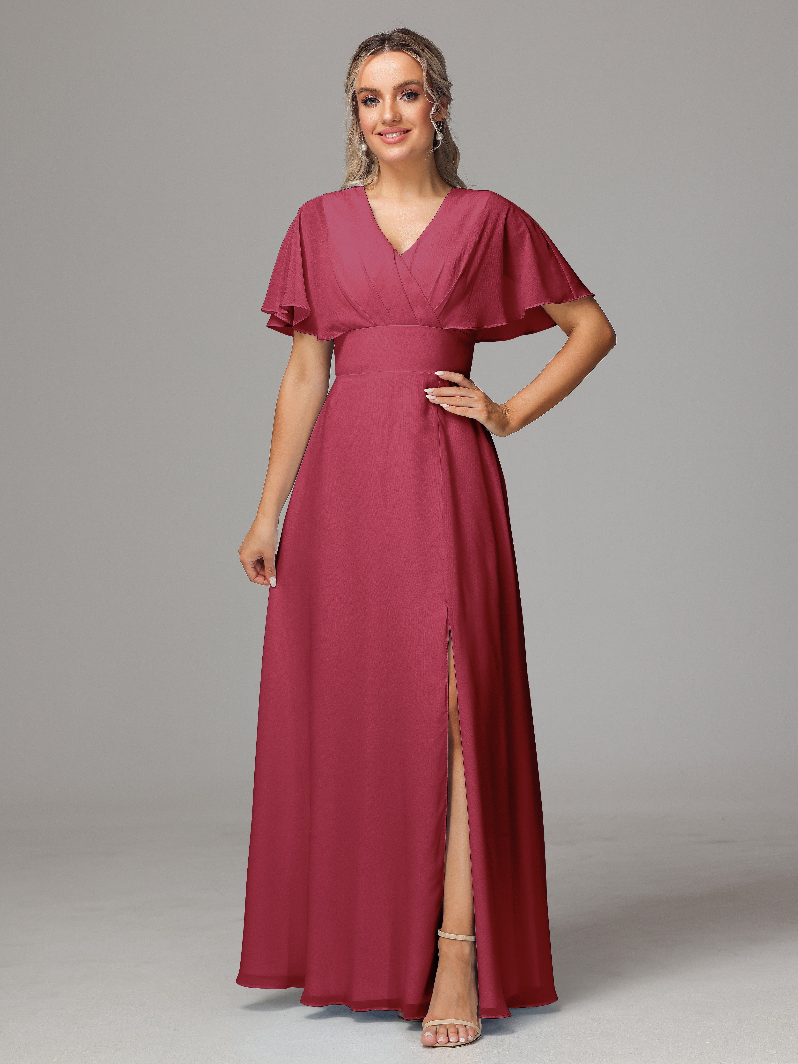 Robe Demoiselle D Honneur Rose Cannelle Trapèze Col V Fendue Devant Mousseline Robe Demoiselle D'Honneur