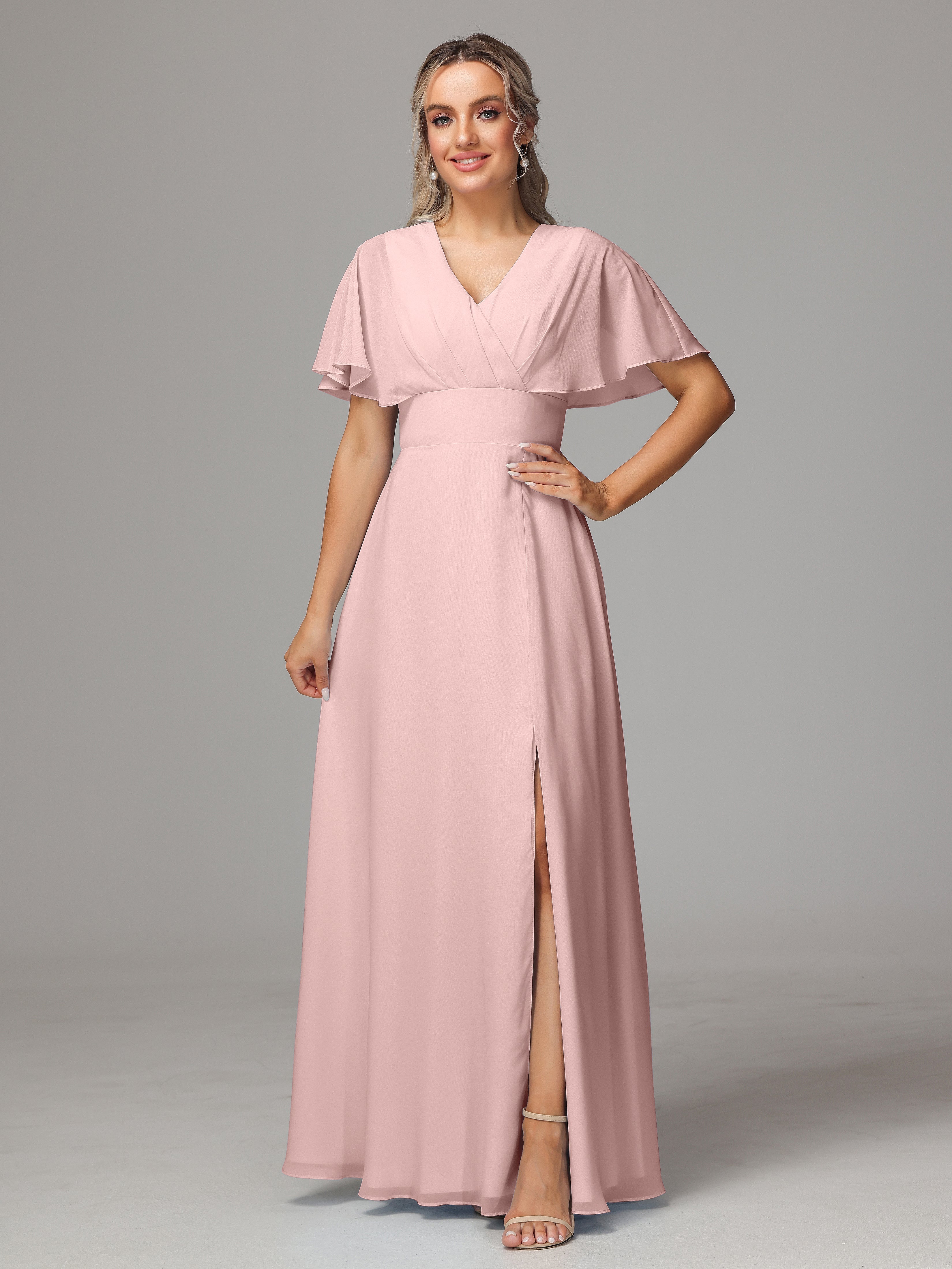 Robes Demoiselle D Honneur Rose Poudré Trapèze Col V Fendue Devant Mousseline Robe Demoiselle D'Honneur