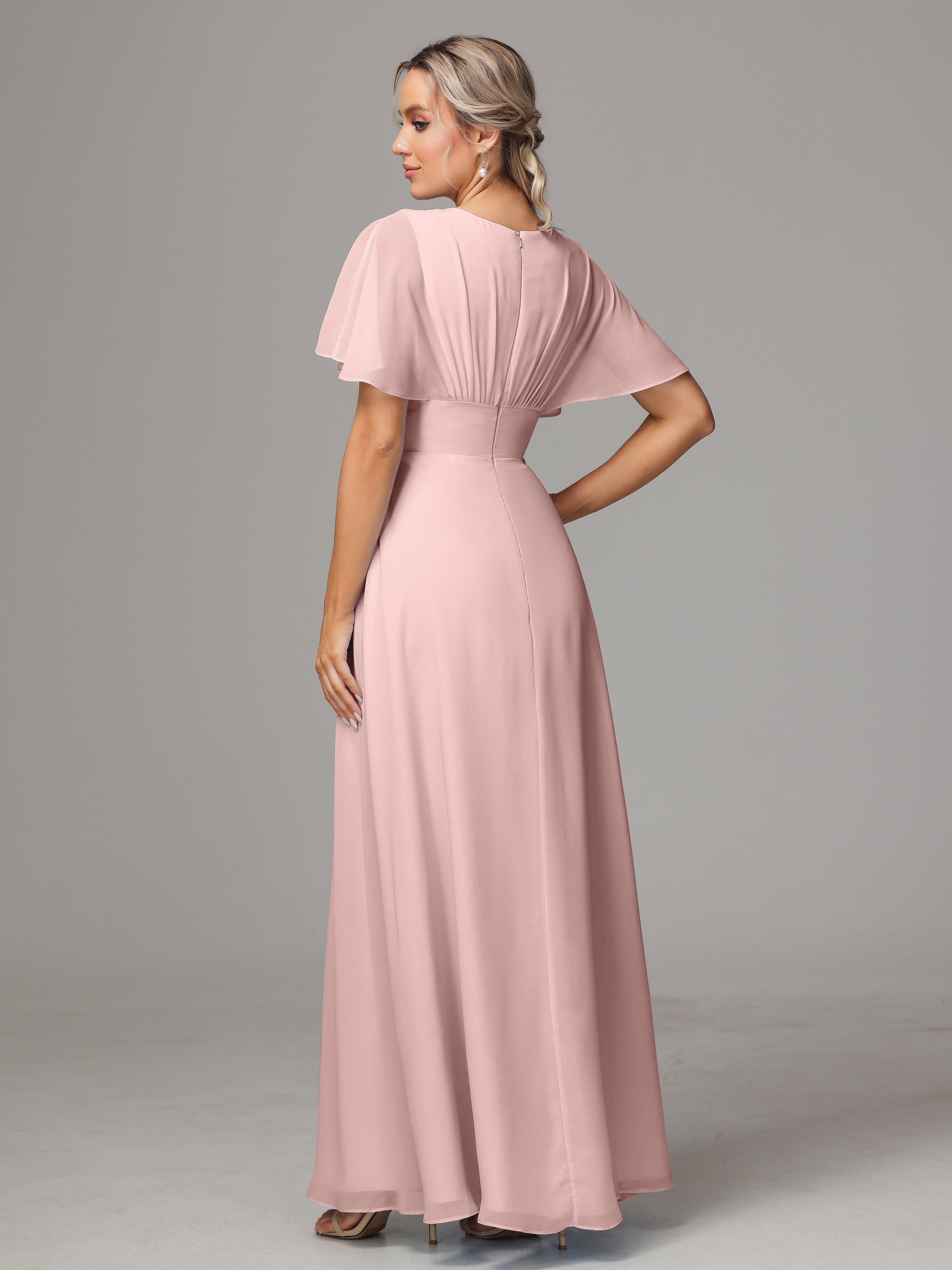 Robes Demoiselle D Honneur Rose Poudré Trapèze Col V Fendue Devant Mousseline Robe Demoiselle D'Honneur