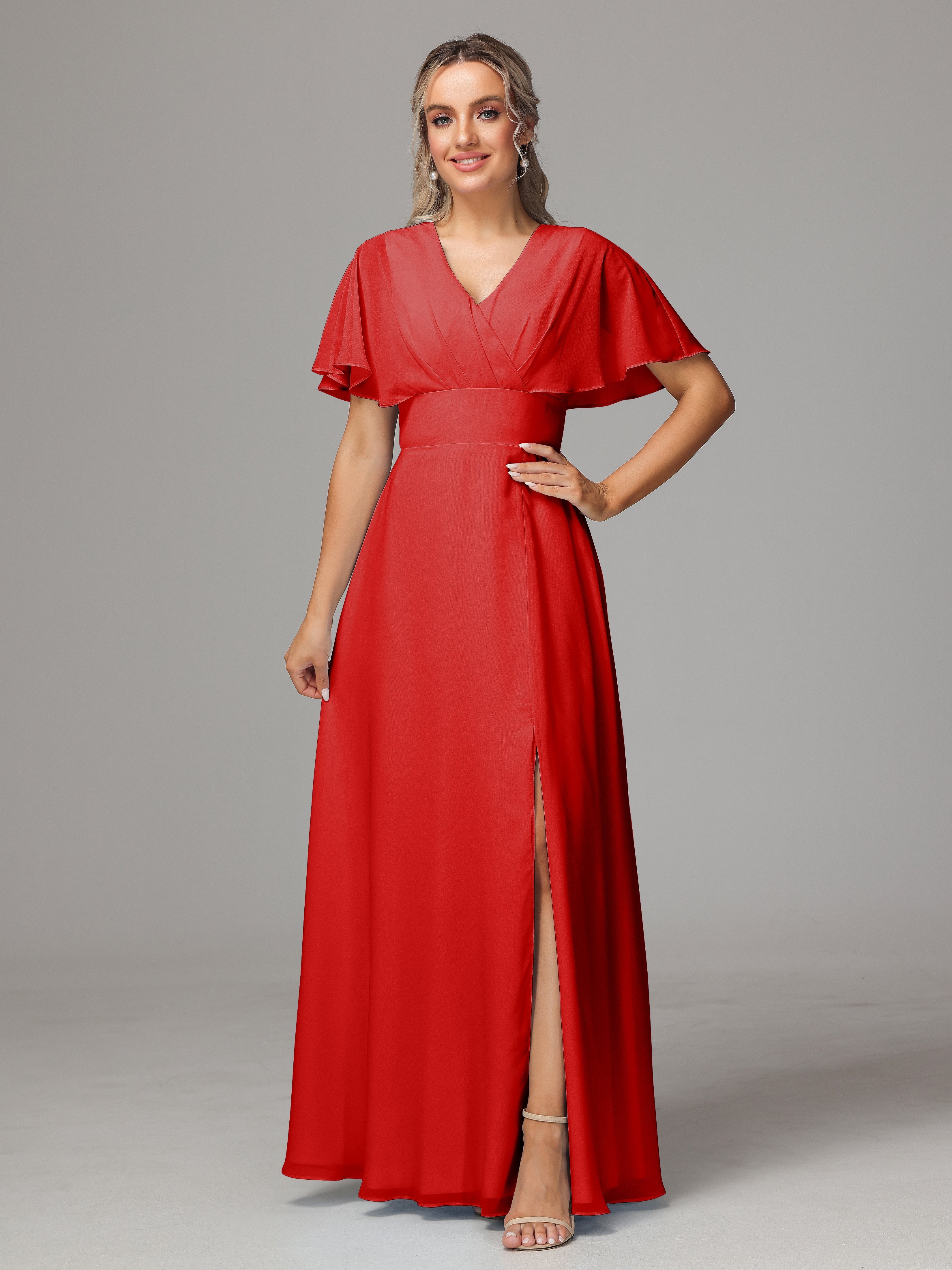 Robe De Demoiselle D'Honneur Rouge Trapèze Col V Fendue Devant Mousseline Robe Demoiselle D'Honneur