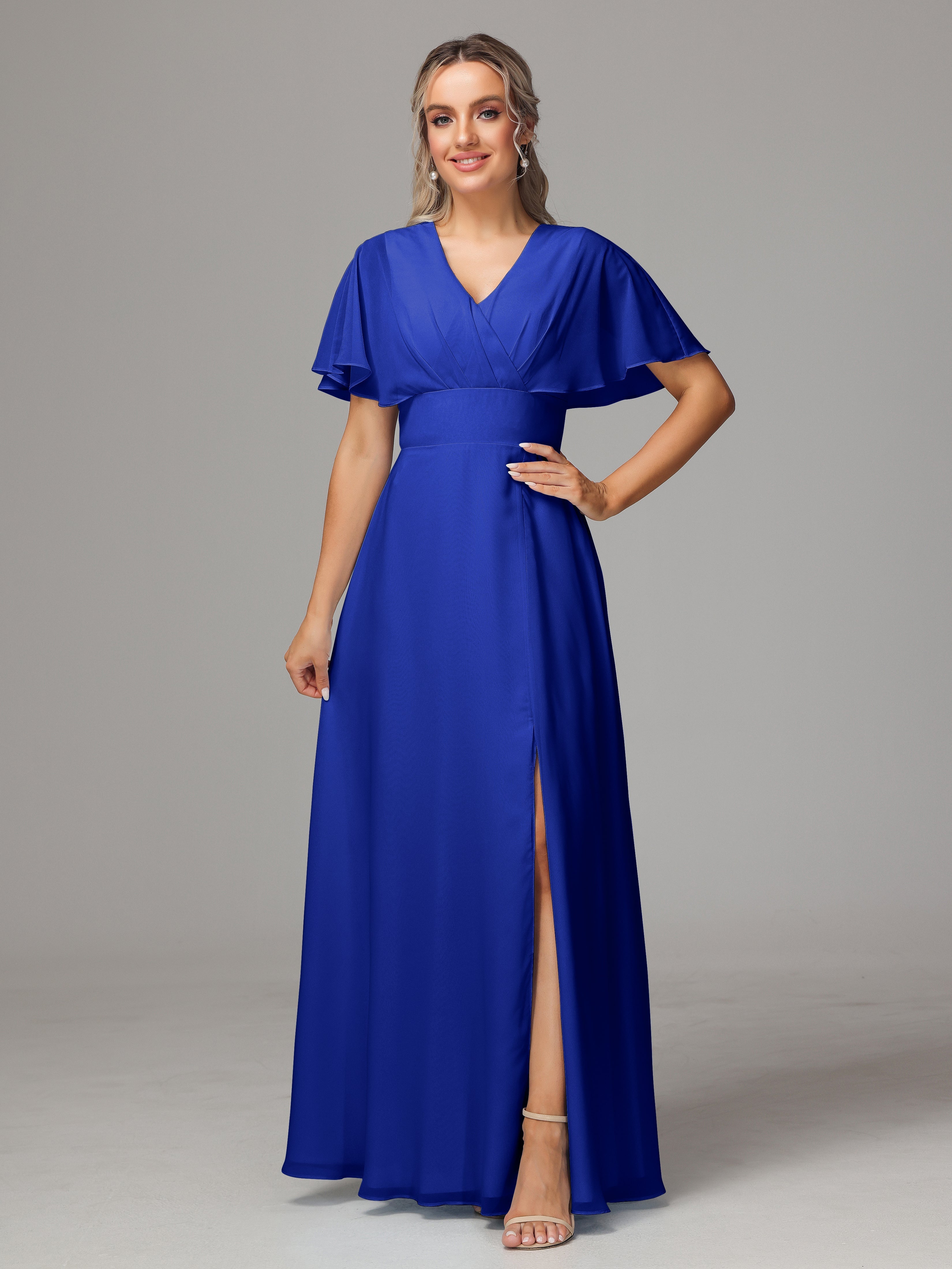 Robes De Demoiselle D'Honneur Bleu Royal Trapèze Col V Fendue Devant Mousseline Robe Demoiselle D'Honneur