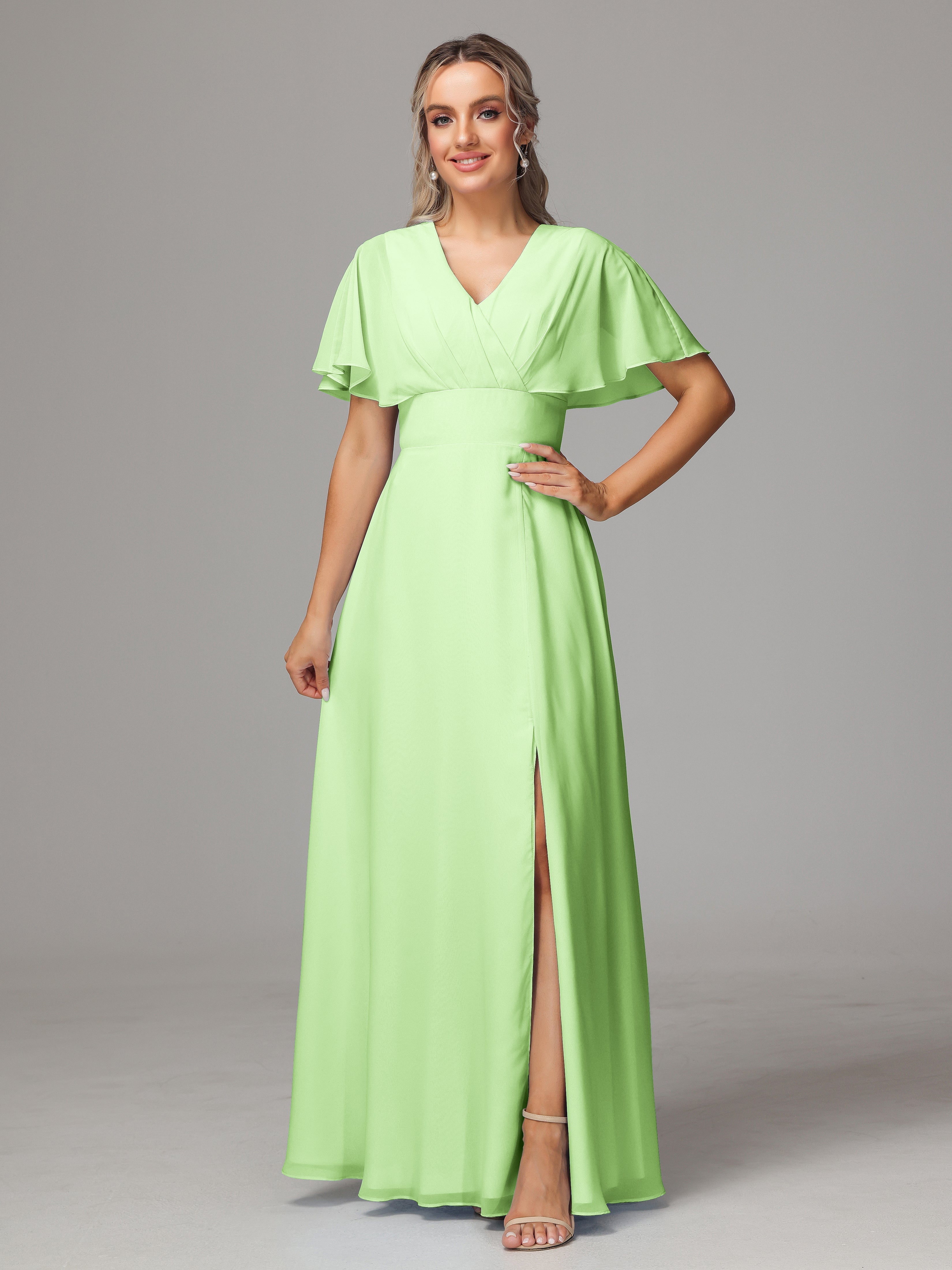 Robe Demoiselle D Honneur Vert Sauge Trapèze Col V Fendue Devant Mousseline Robe Demoiselle D'Honneur