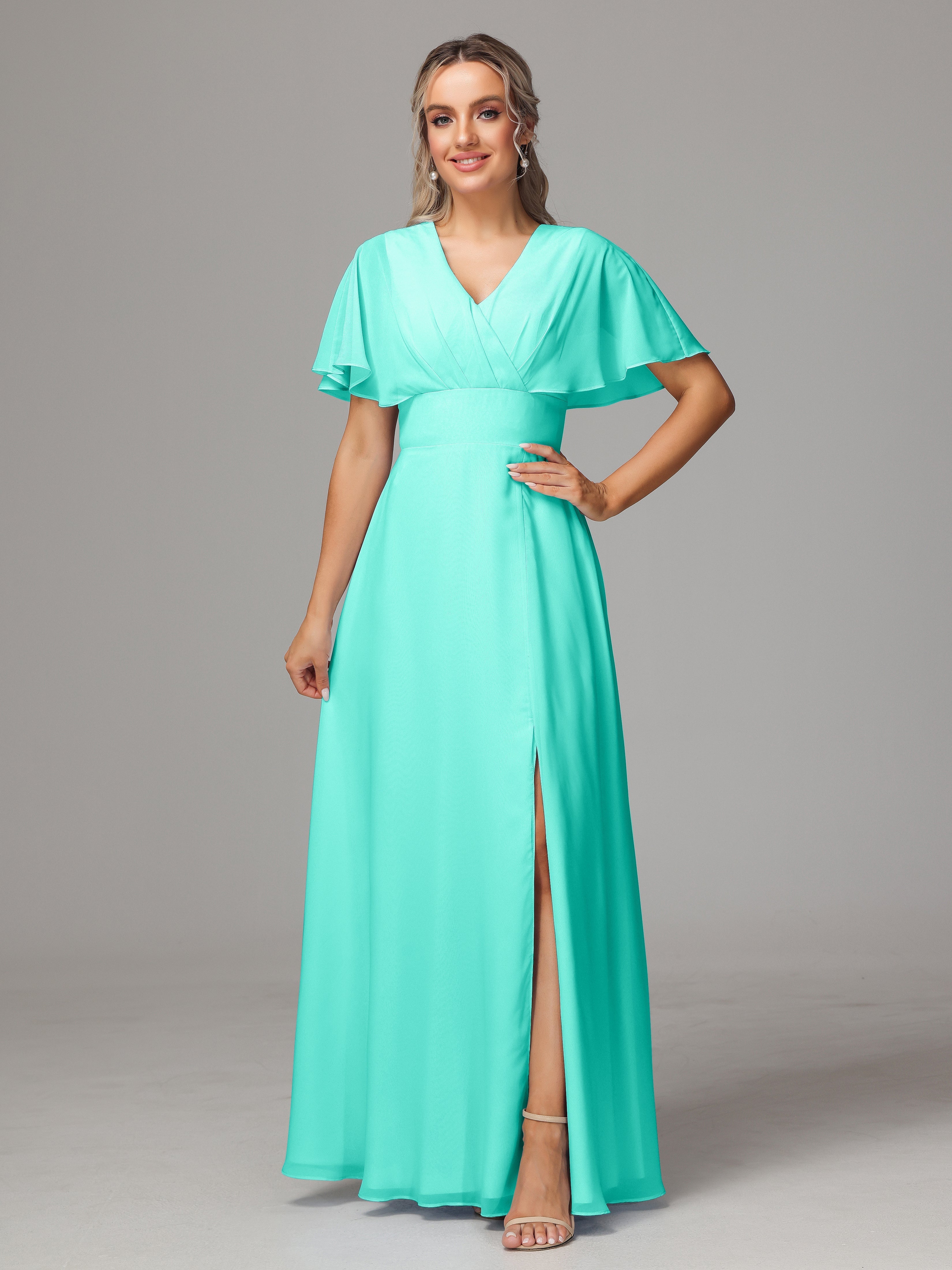 Robes De Demoiselle D'Honneur Spa Trapèze Col V Fendue Devant Mousseline Robe Demoiselle D'Honneur