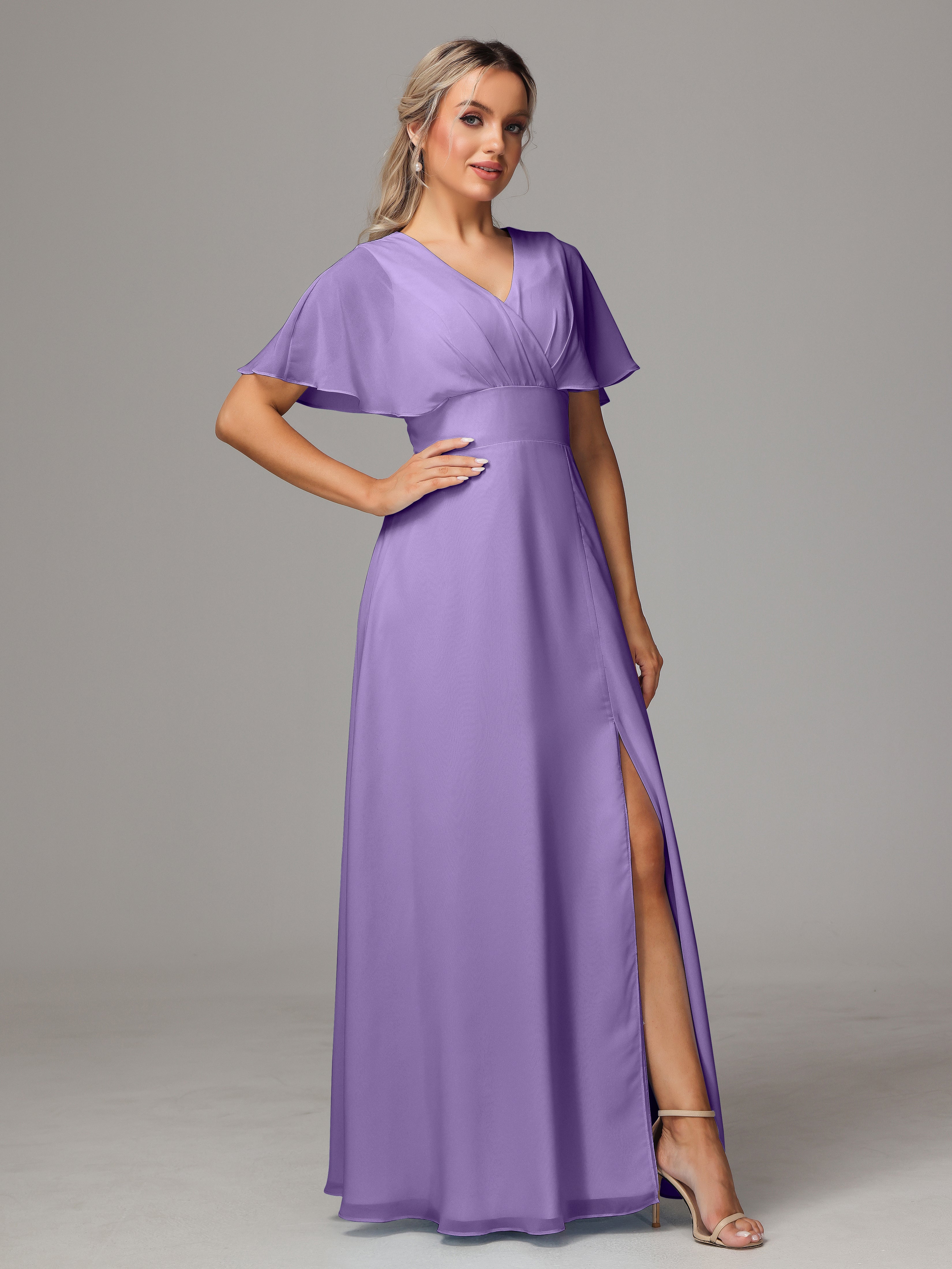 Robes De Demoiselle D'Honneur Tahiti Trapèze Col V Fendue Devant Mousseline Robe Demoiselle D'Honneur