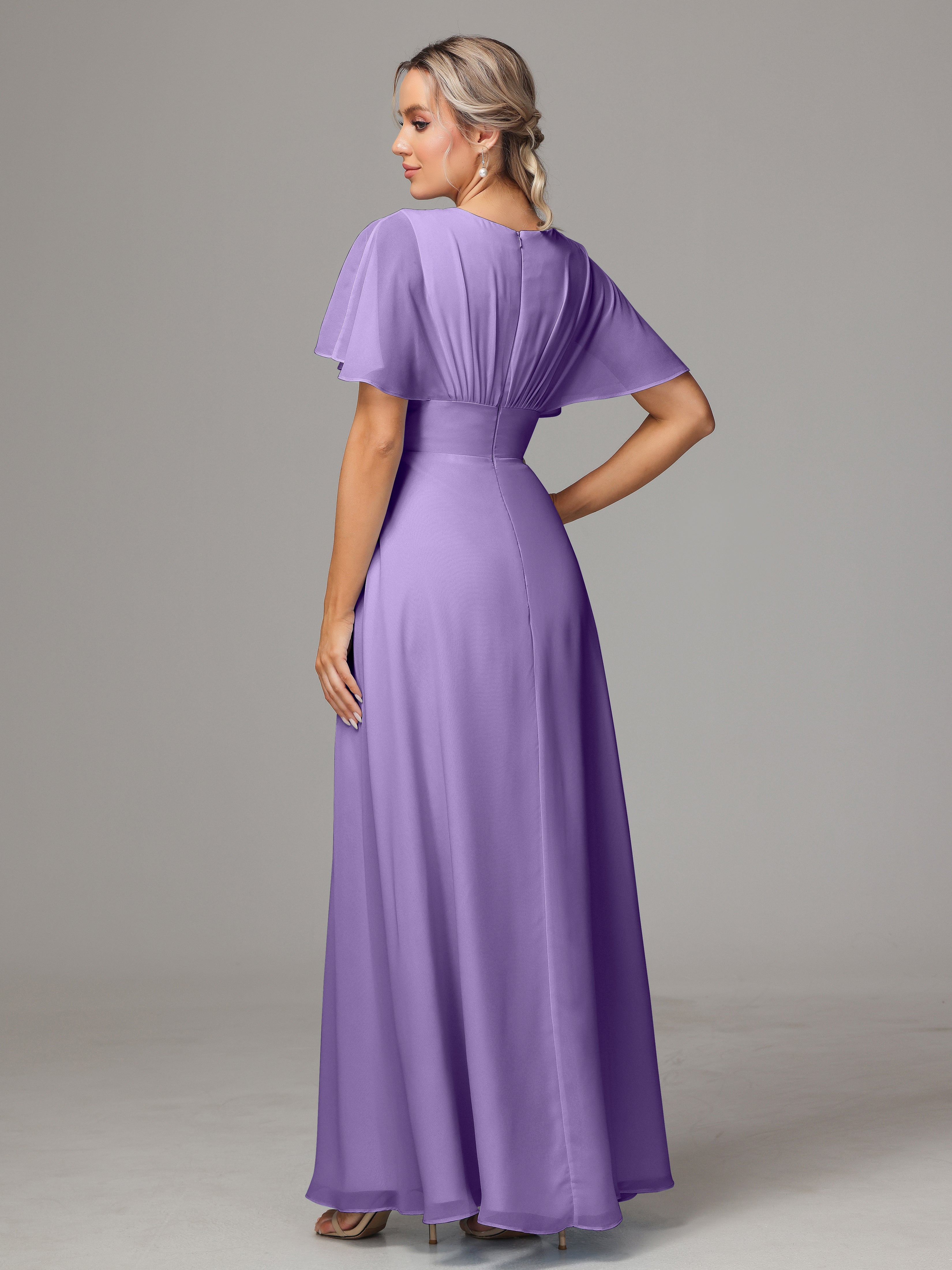 Robes De Demoiselle D'Honneur Tahiti Trapèze Col V Fendue Devant Mousseline Robe Demoiselle D'Honneur