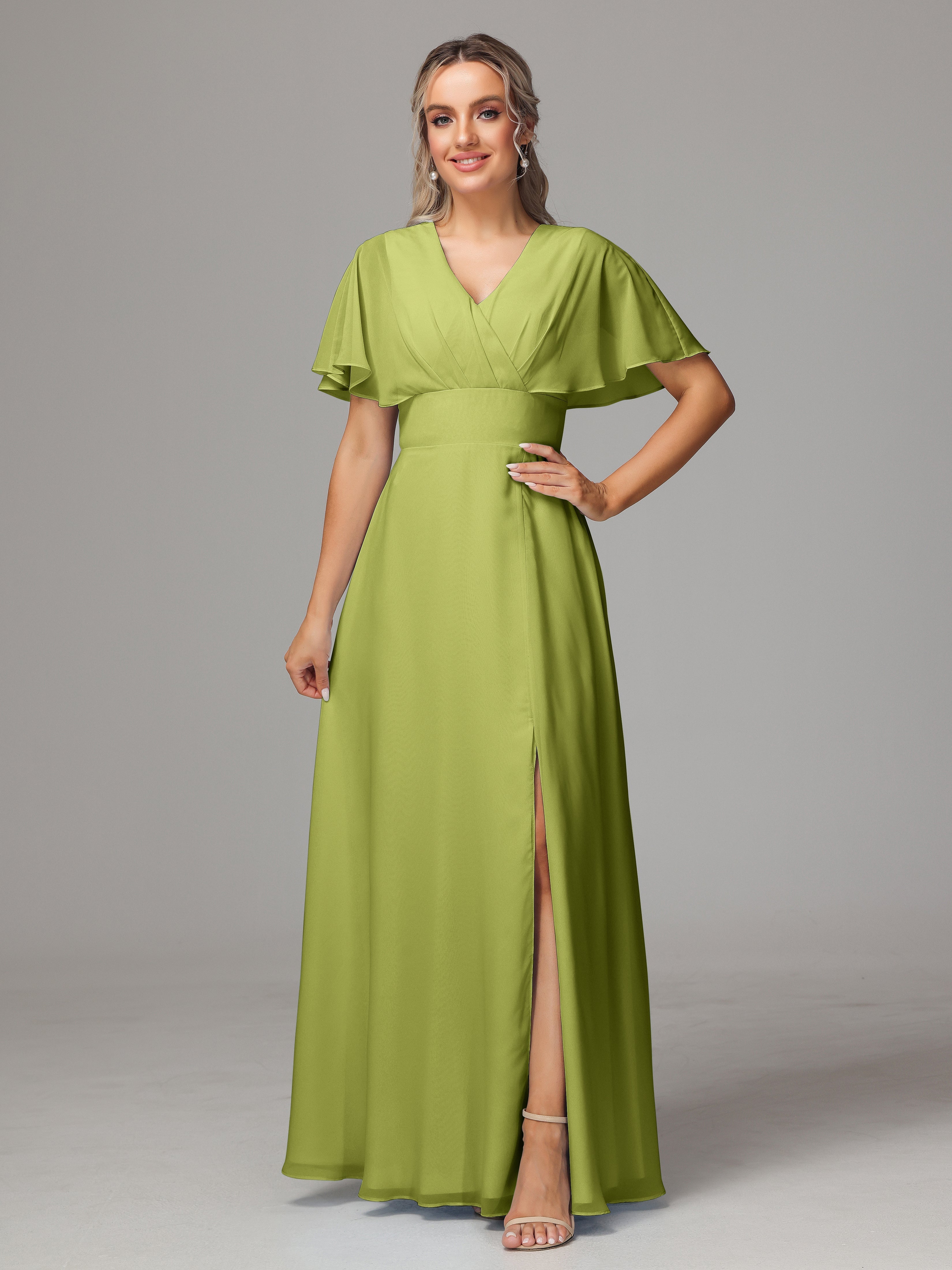 Robes De Demoiselle D'Honneur Trèfle Trapèze Col V Fendue Devant Mousseline Robe Demoiselle D'Honneur