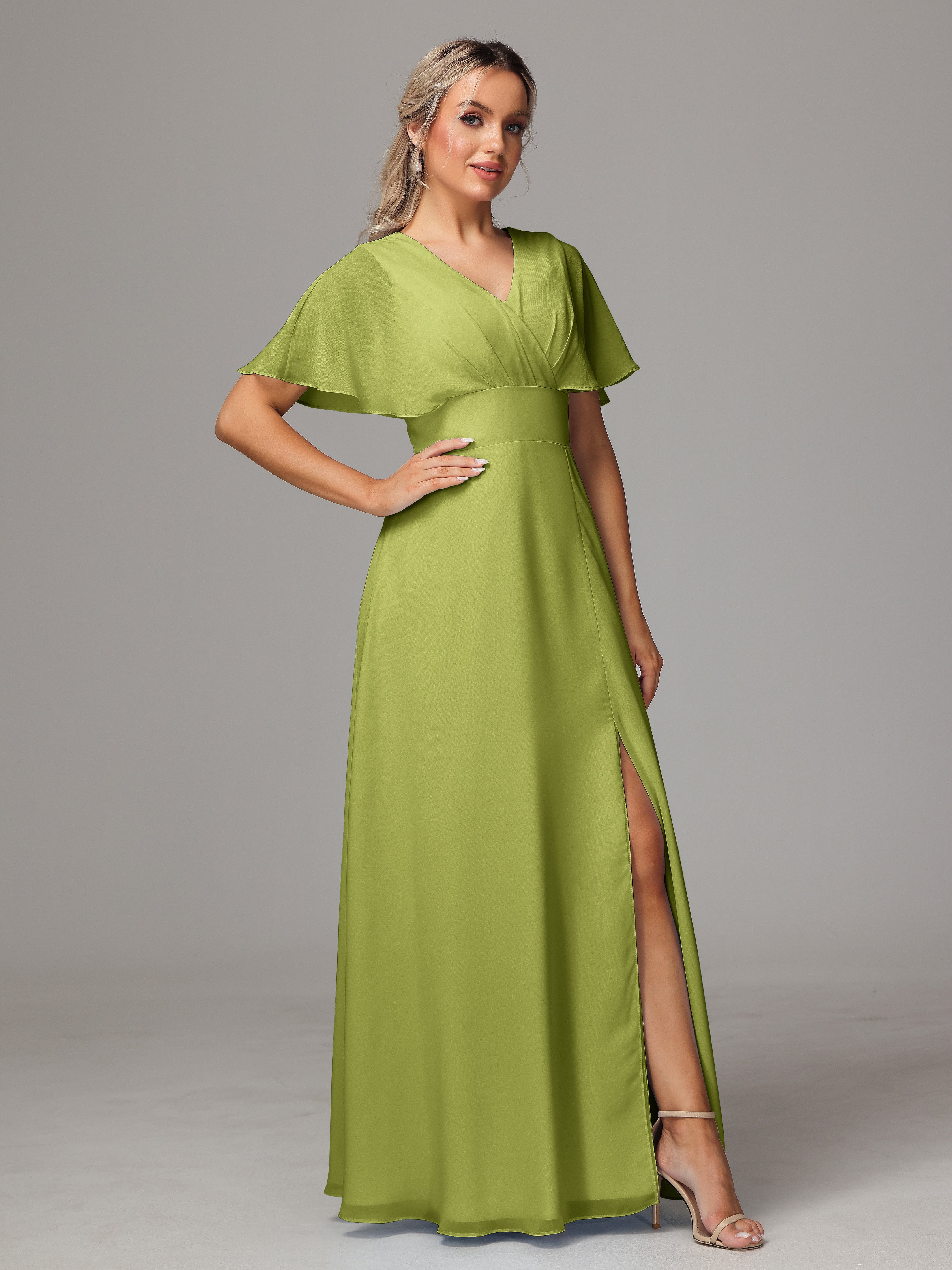 Robes De Demoiselle D'Honneur Trèfle Trapèze Col V Fendue Devant Mousseline Robe Demoiselle D'Honneur