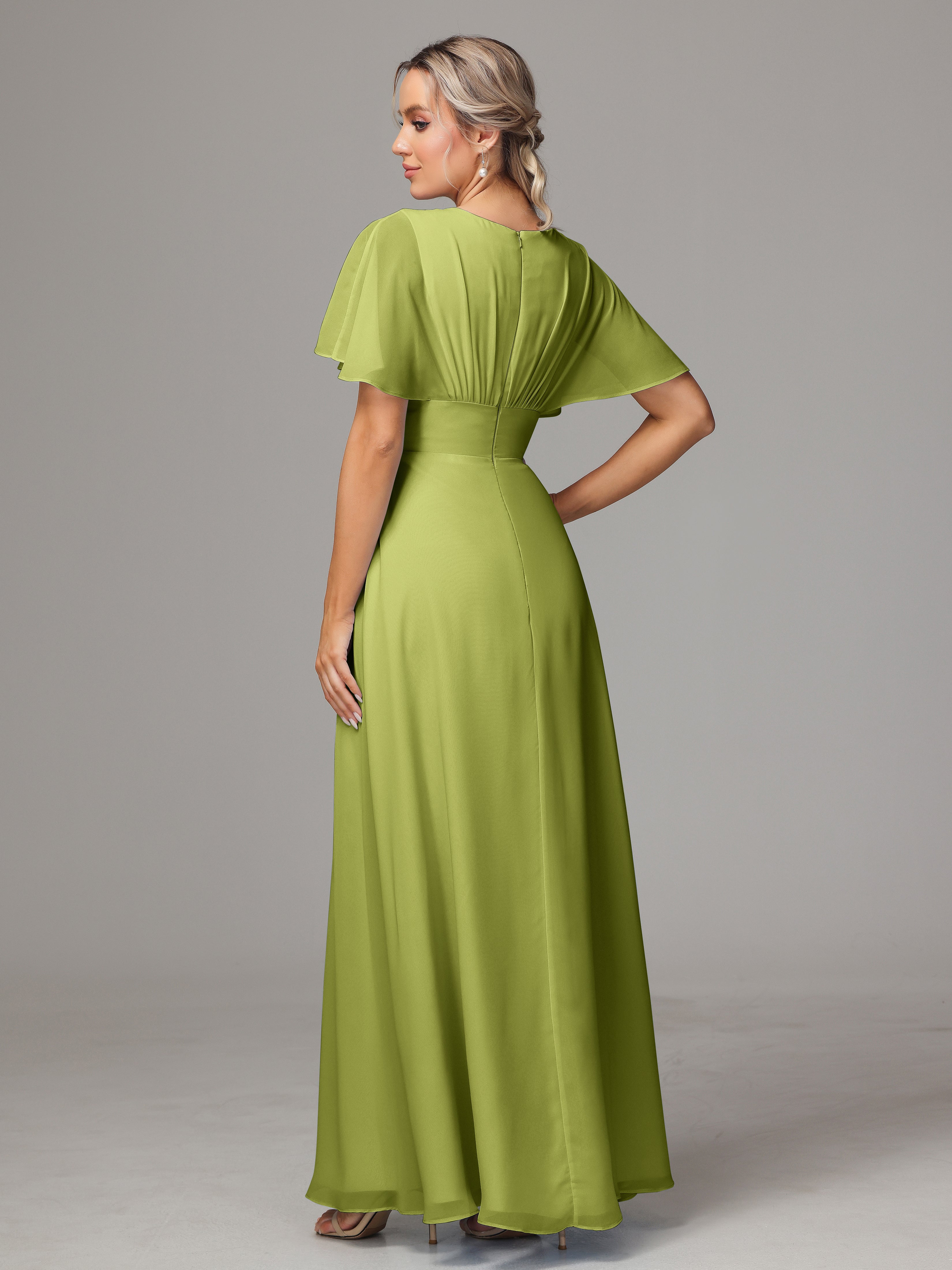 Robes De Demoiselle D'Honneur Trèfle Trapèze Col V Fendue Devant Mousseline Robe Demoiselle D'Honneur