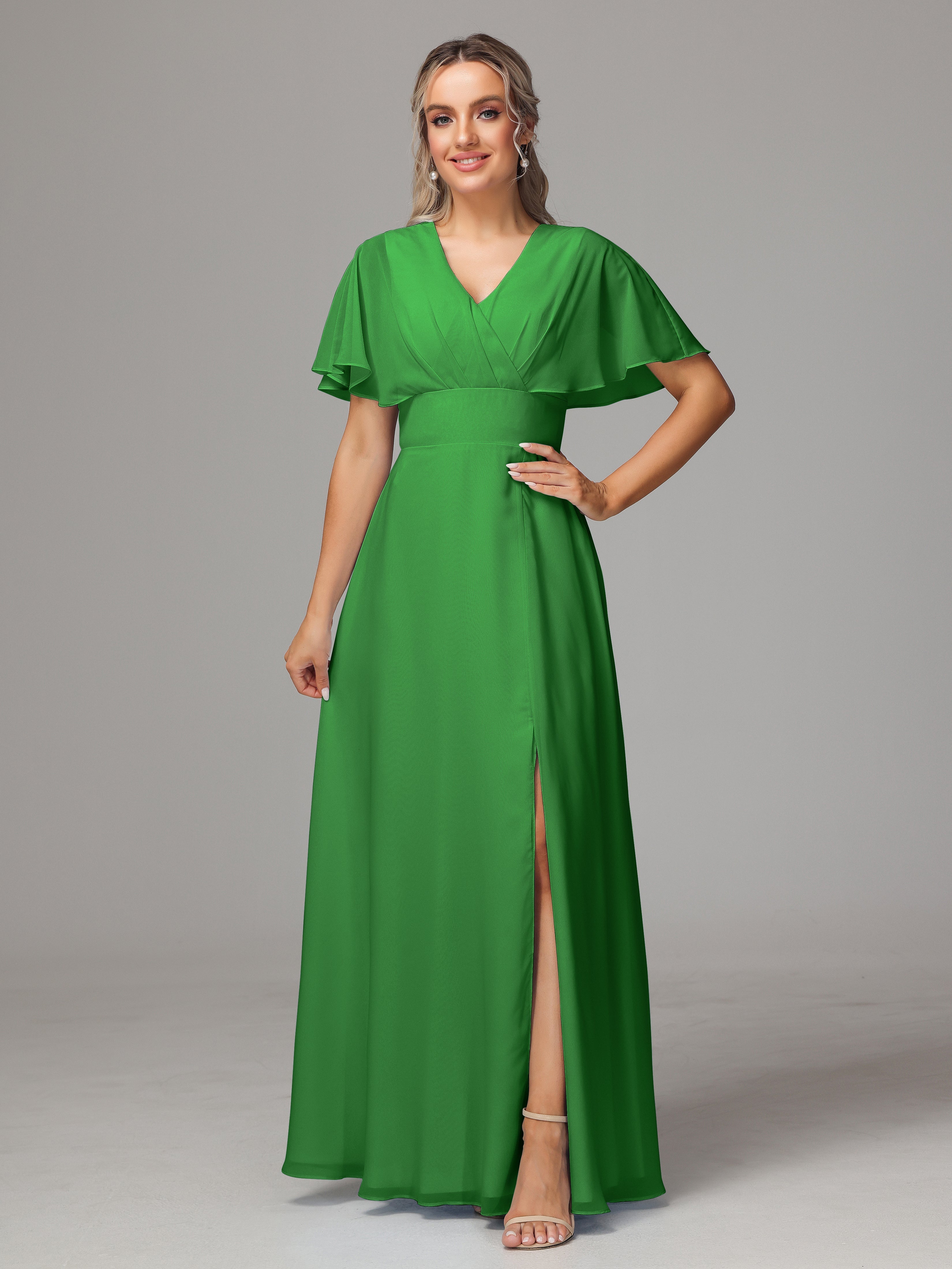 Robe De Demoiselle D'Honneur Verte Trapèze Col V Fendue Devant Mousseline Robe Demoiselle D'Honneur