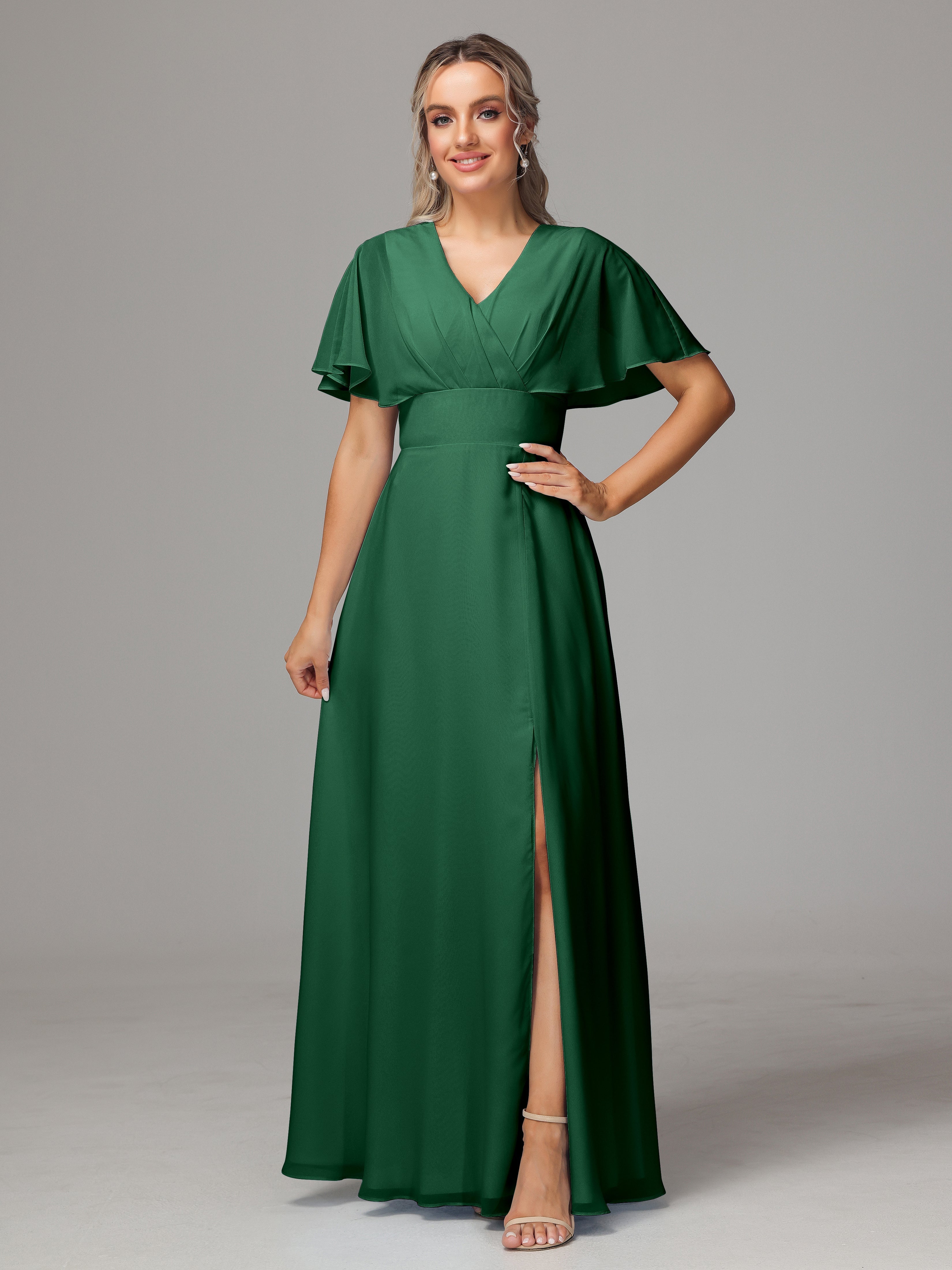 Robes De Demoiselle D'Honneur Vert Foncé Trapèze Col V Fendue Devant Mousseline Robe Demoiselle D'Honneur