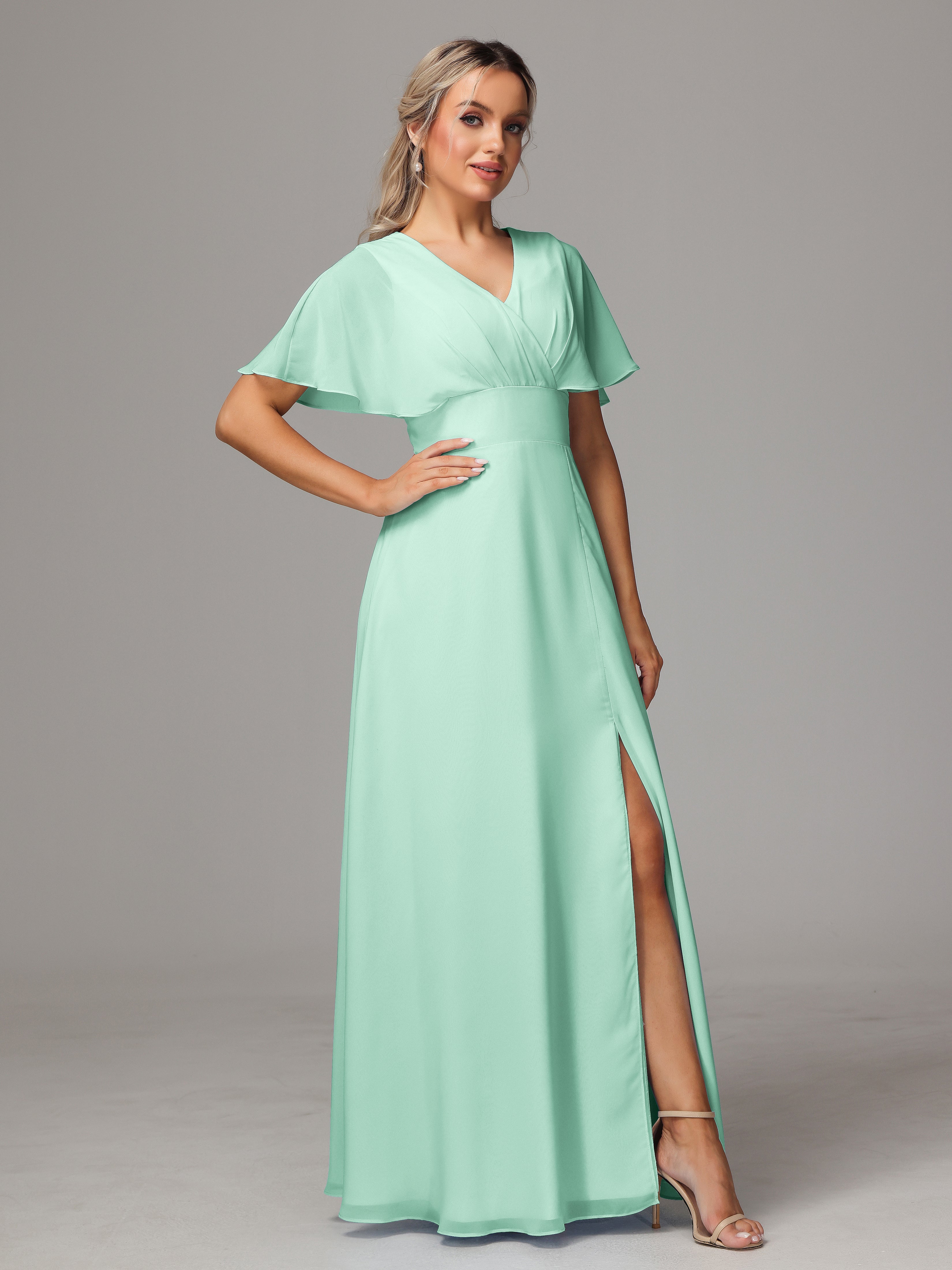 Robe Demoiselle D Honneur Vert Menthe Trapèze Col V Fendue Devant Mousseline Robe Demoiselle D'Honneur