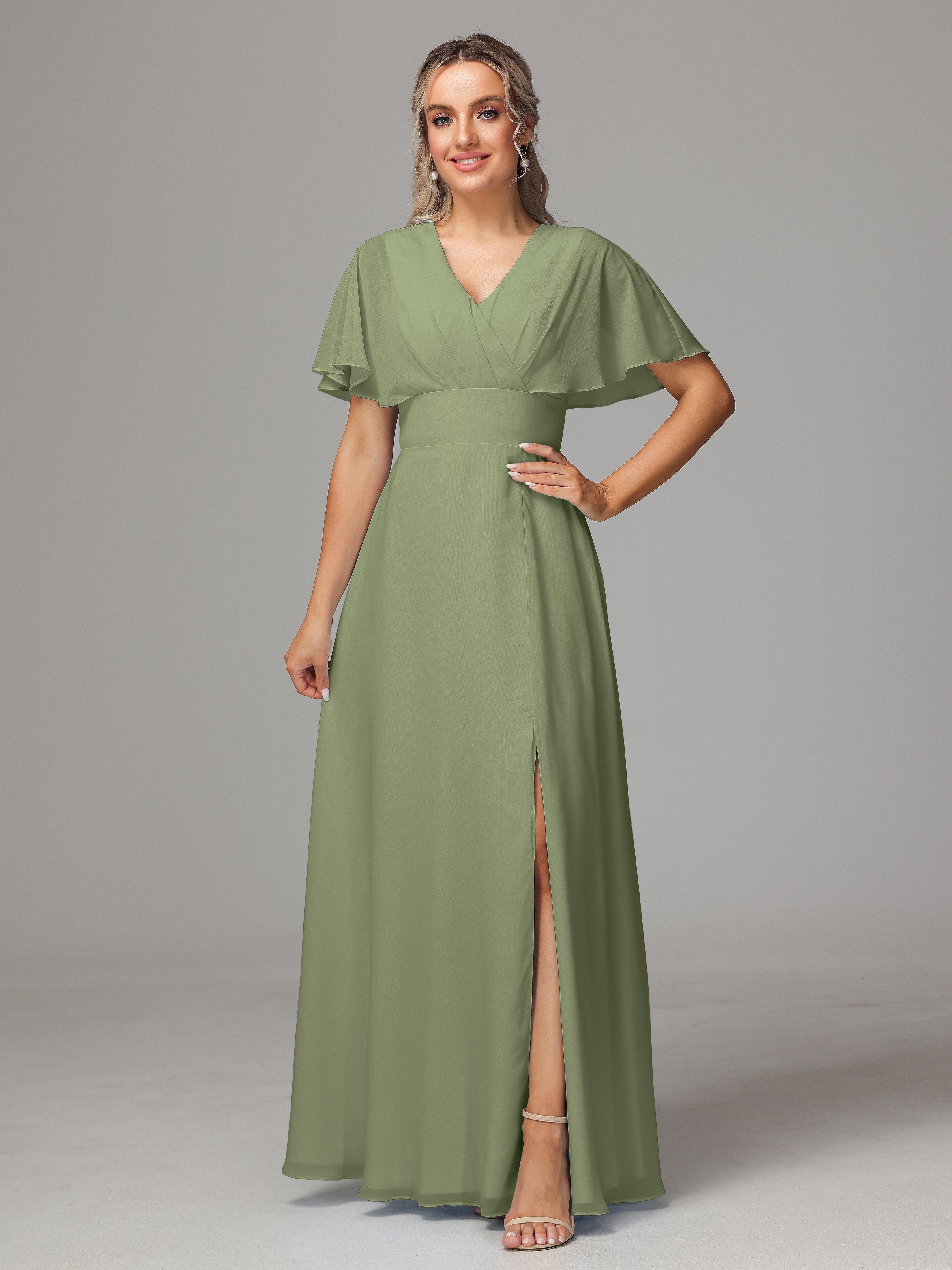 Demoiselle D Honneur Vert Olive Trapèze Col V Fendue Devant Mousseline Robe Demoiselle D'Honneur