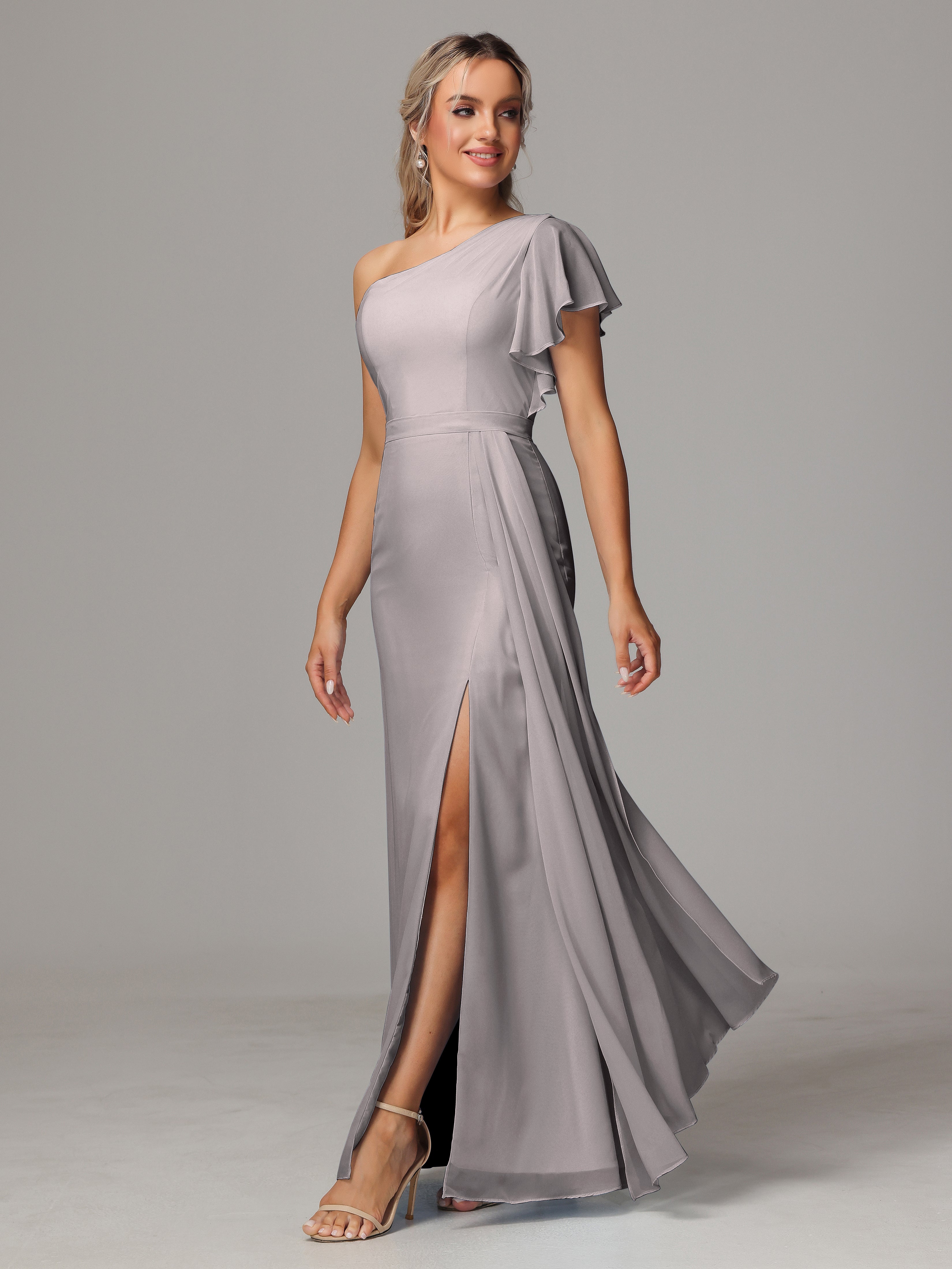 Robe Demoiselle D Honneur Argent Fourreau Seule Épaule Fendue Devant Mousseline Robe Demoiselle D'Honneur