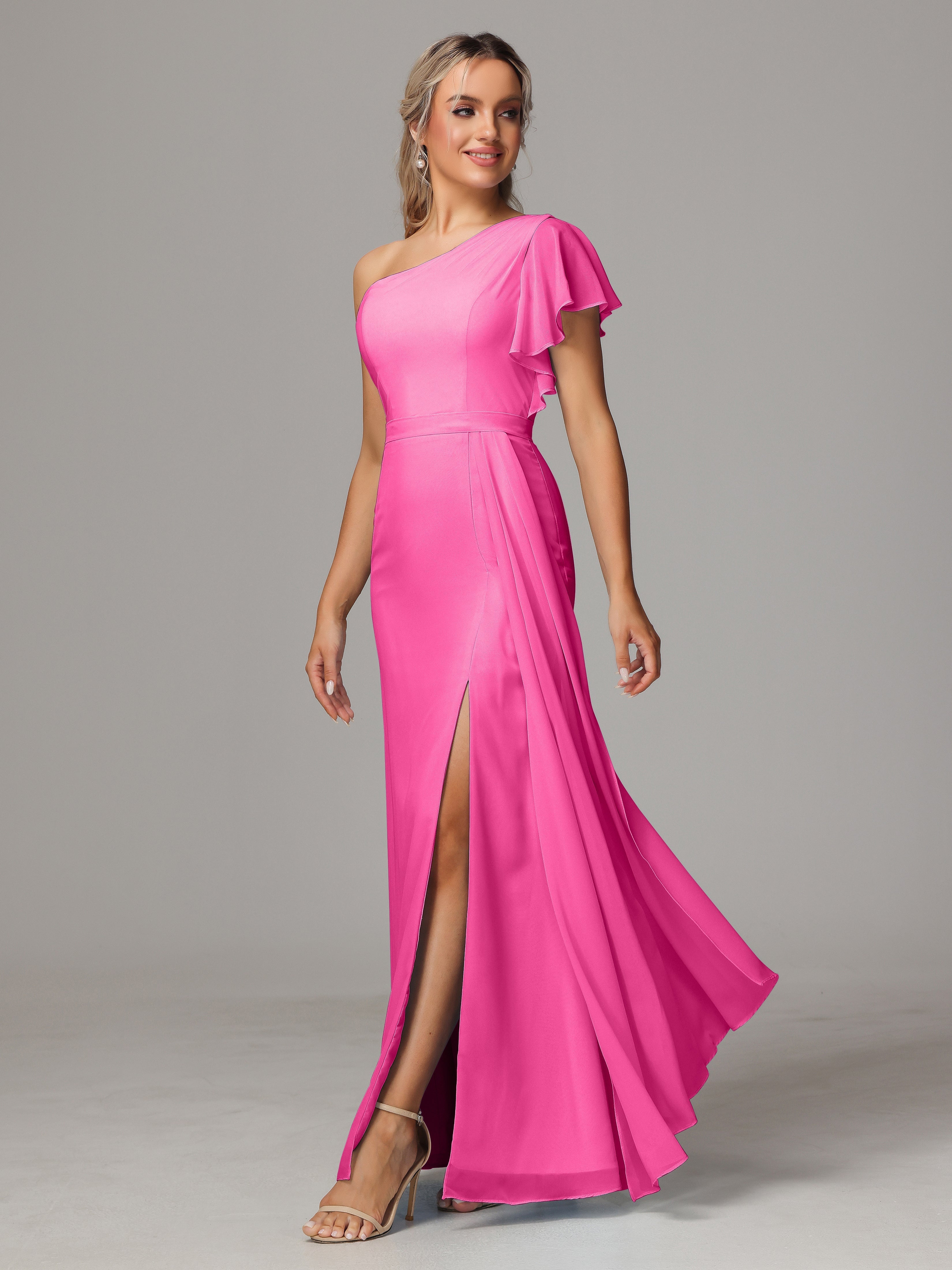 Robe Demoiselle D Honneur Azalée Fourreau Seule Épaule Fendue Devant Mousseline Robe Demoiselle D'Honneur